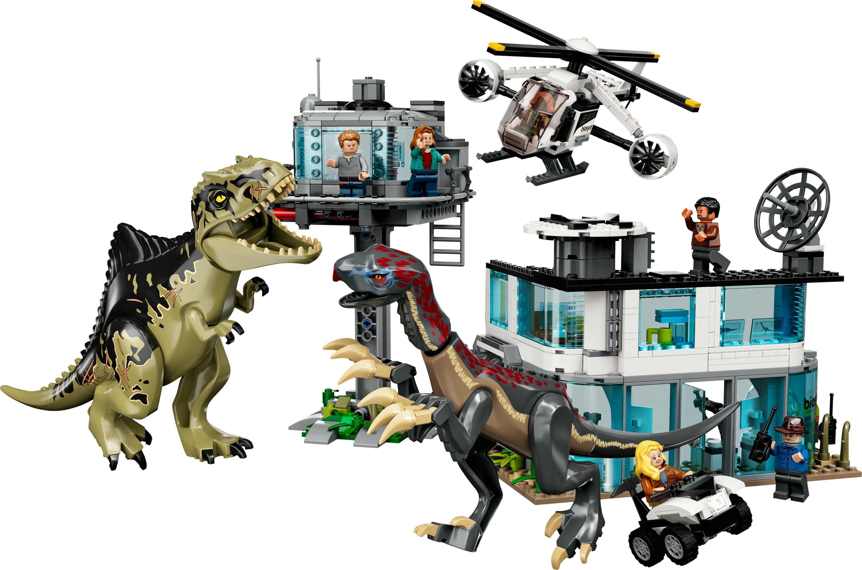 Zestaw Lego Jurassic World z dinozaurami, helikopterem i centrum kontroli.