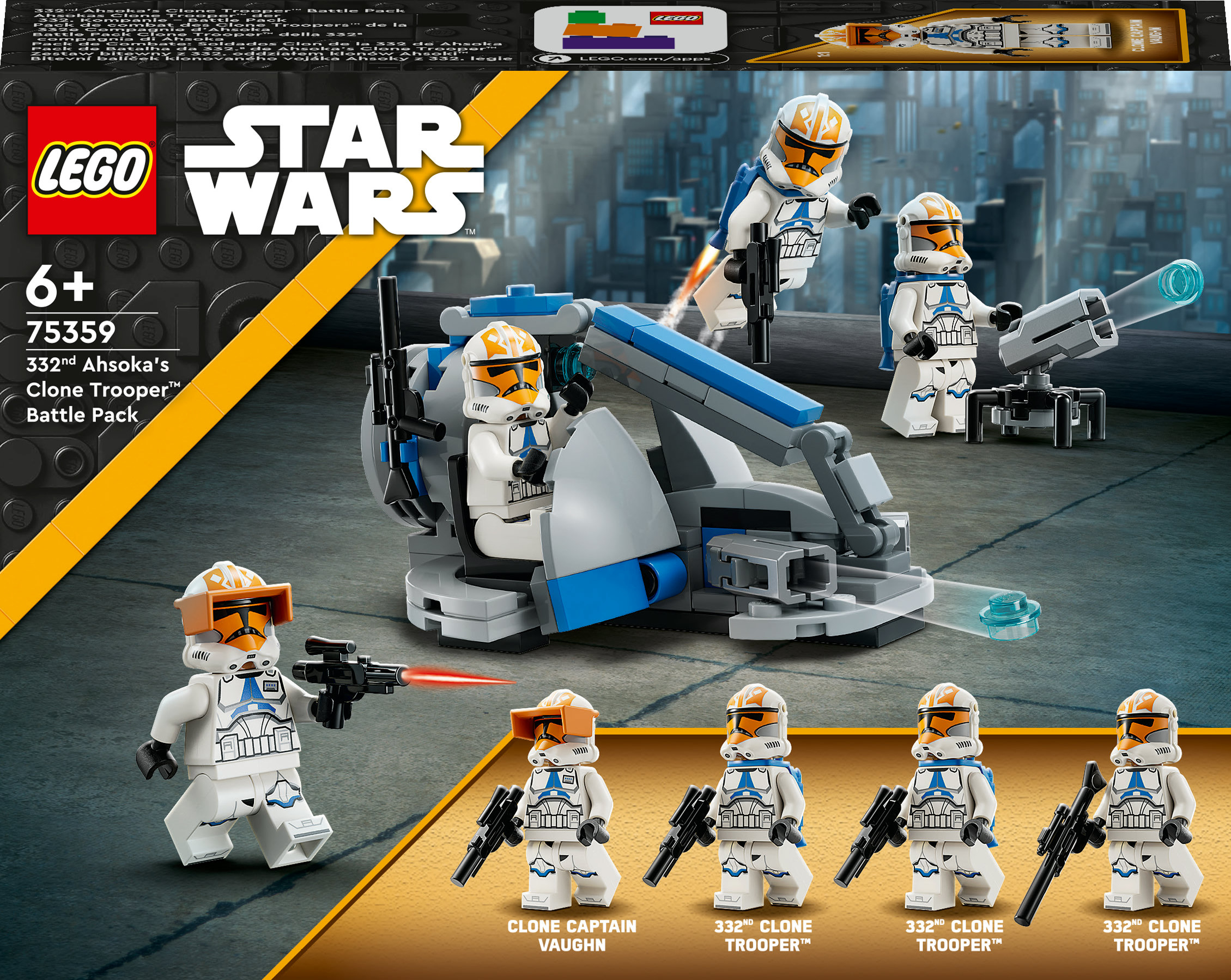 Lego Star Wars set met Clone Troopers, een voertuig en verschillende figuren.