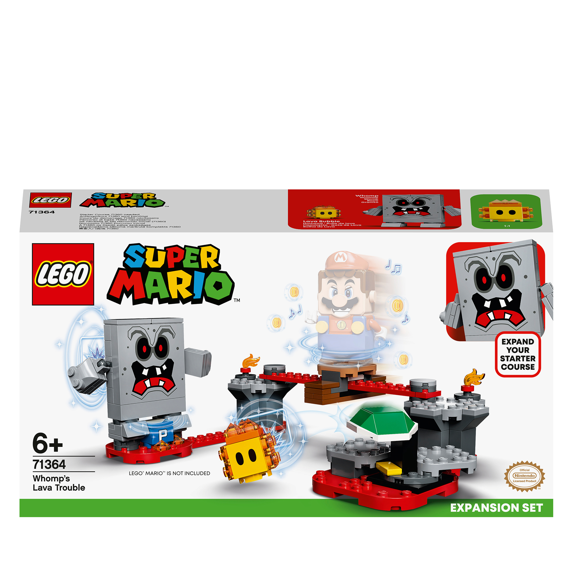 Zestaw Lego Super Mario: Whomp's Lava Trouble z figurką Mario i przeszkodami.