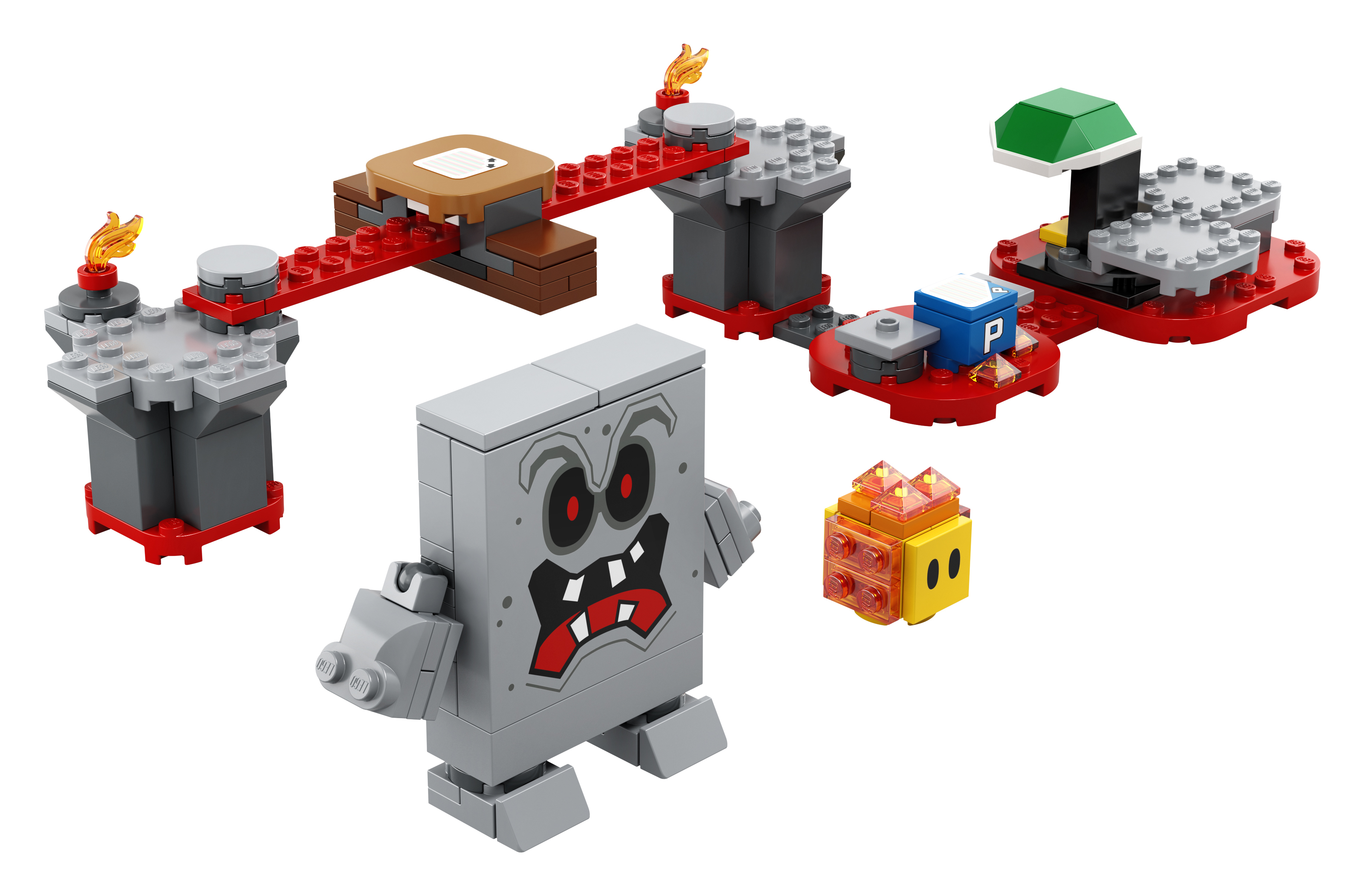 Zestaw LEGO Super Mario Thwomp Drop. Zawiera Thwompa, blok P i inne elementy Super Mario.