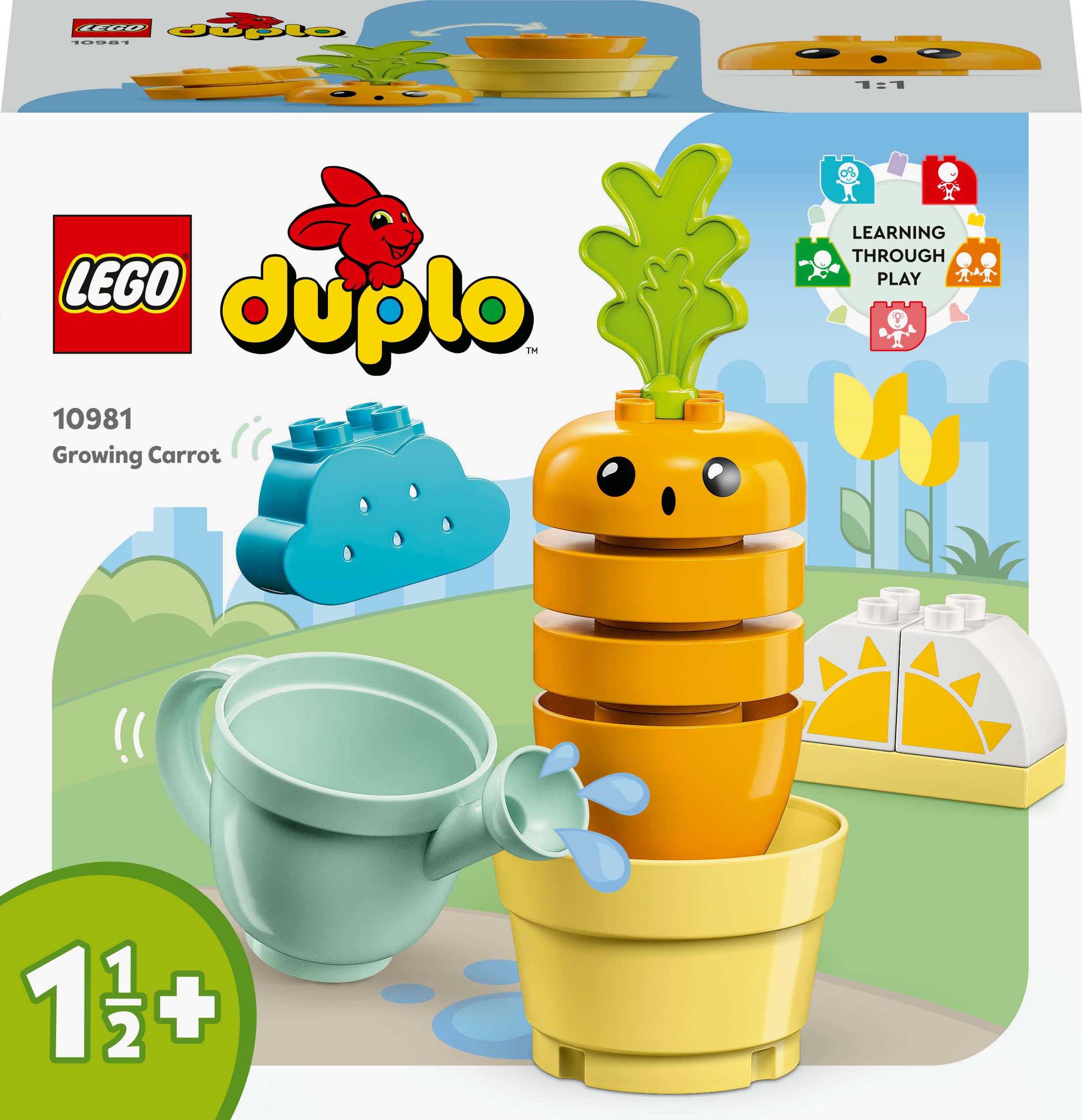LEGO Duplo Groeiende Wortel set: een wortel, een gieter, een wolk en een pot.