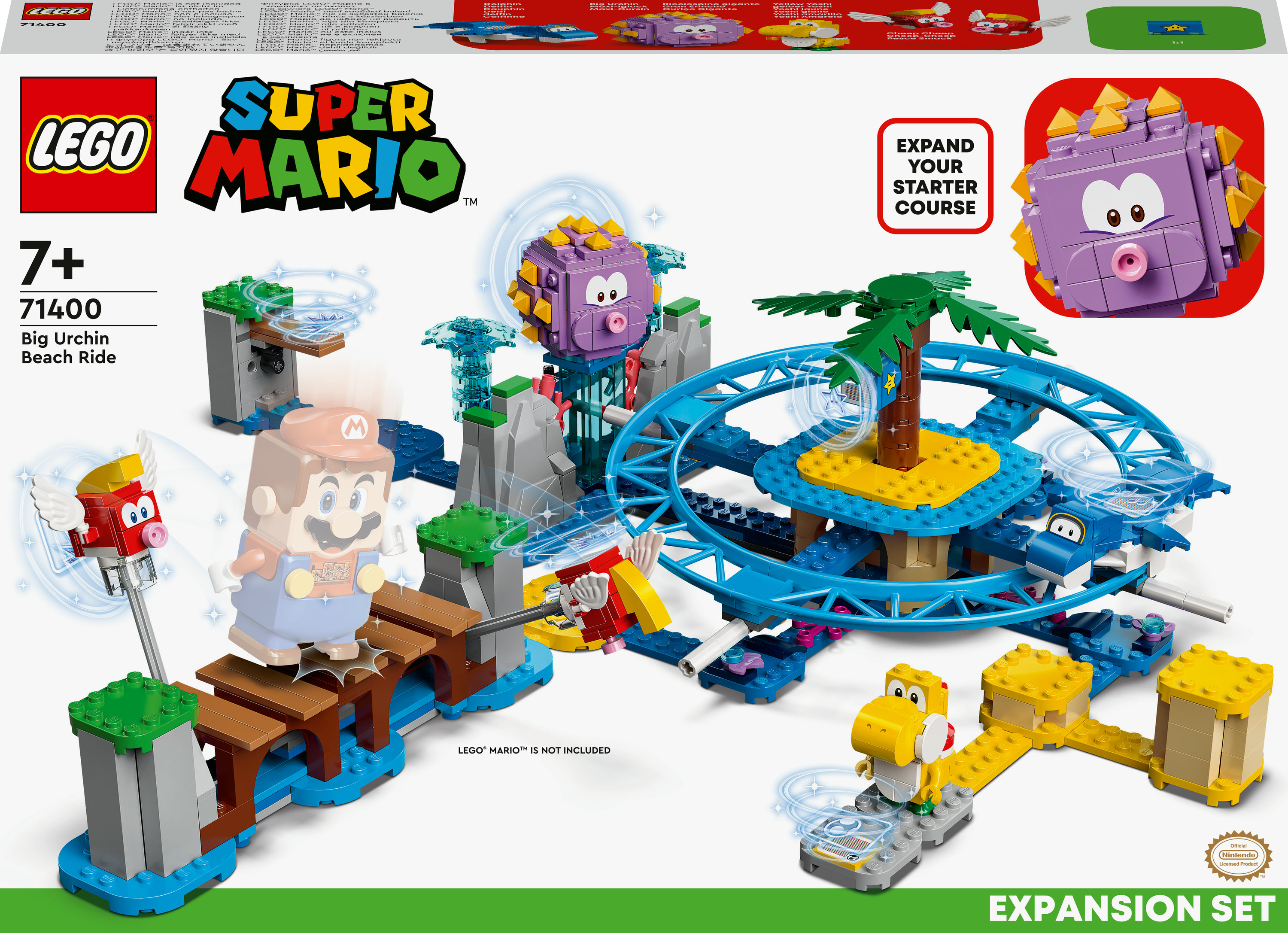Lego Super Mario Set mit Mario-Figur, einer Strandszene und einer blauen Achterbahn.