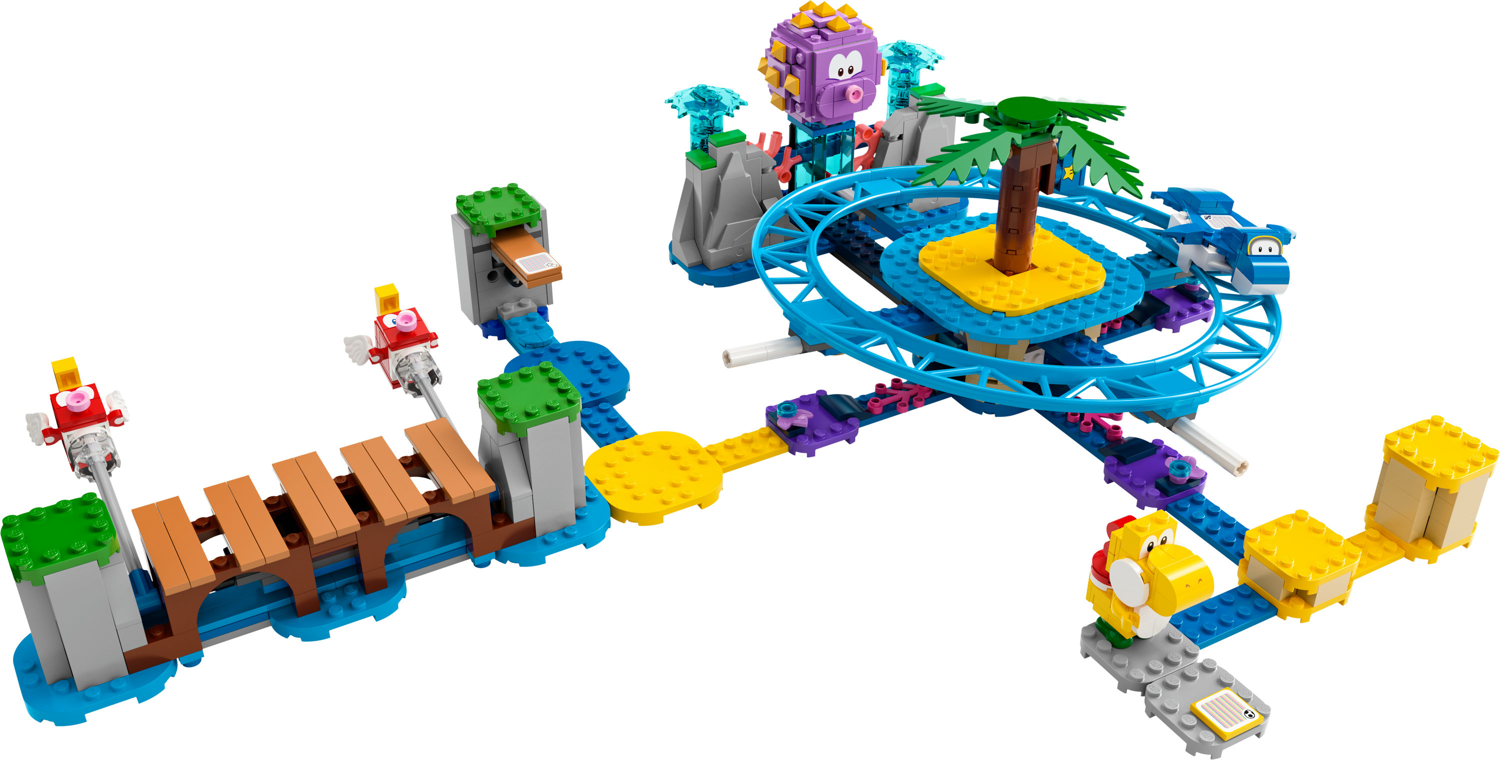 Ein LEGO Super Mario Set mit einer Strecke, Figuren und verschiedenen Hindernissen auf weißem Hintergrund.