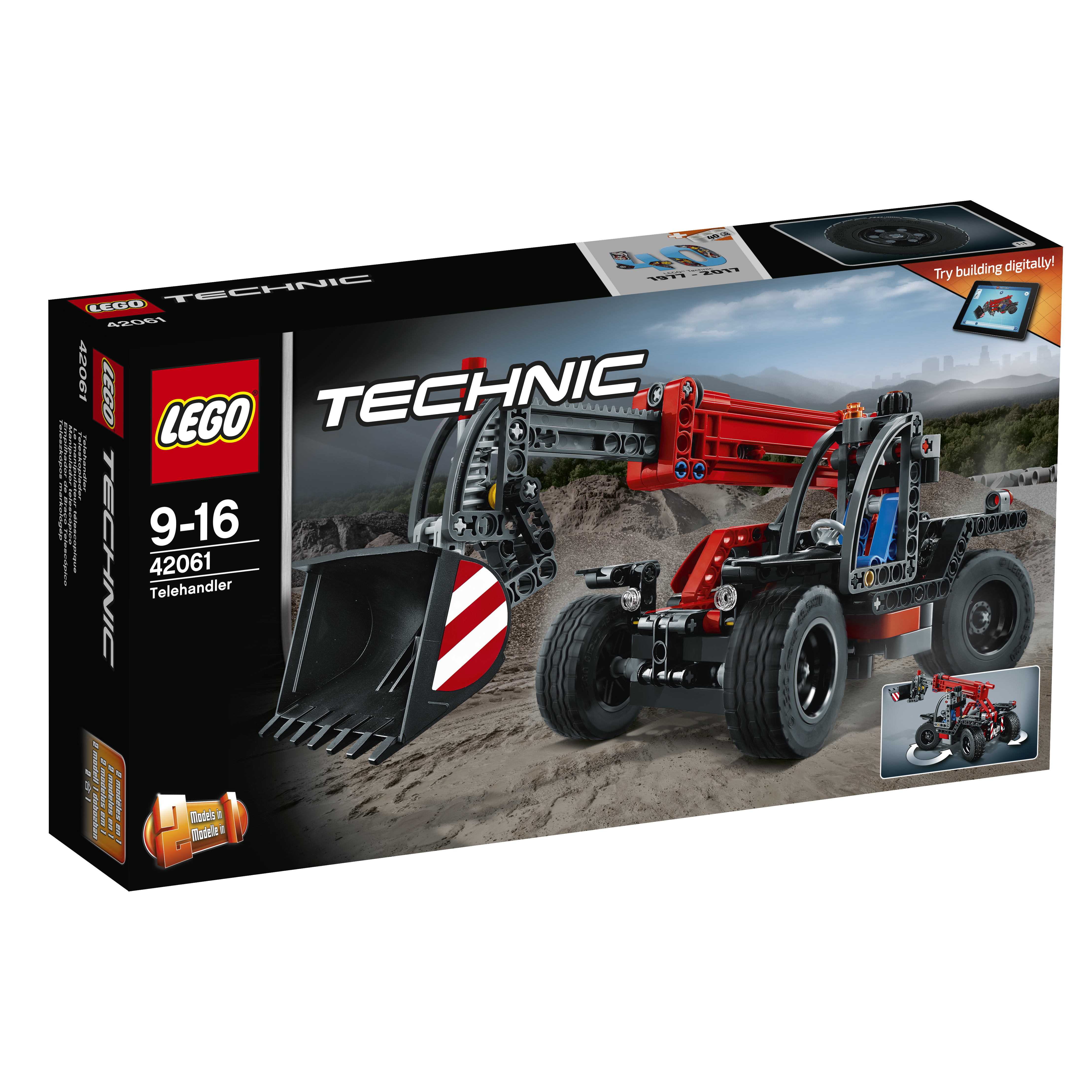 Lego Technic Telehandler doos. Rood en zwart ontwerp. Lego-logo. Afbeelding van het speelgoedmodel.