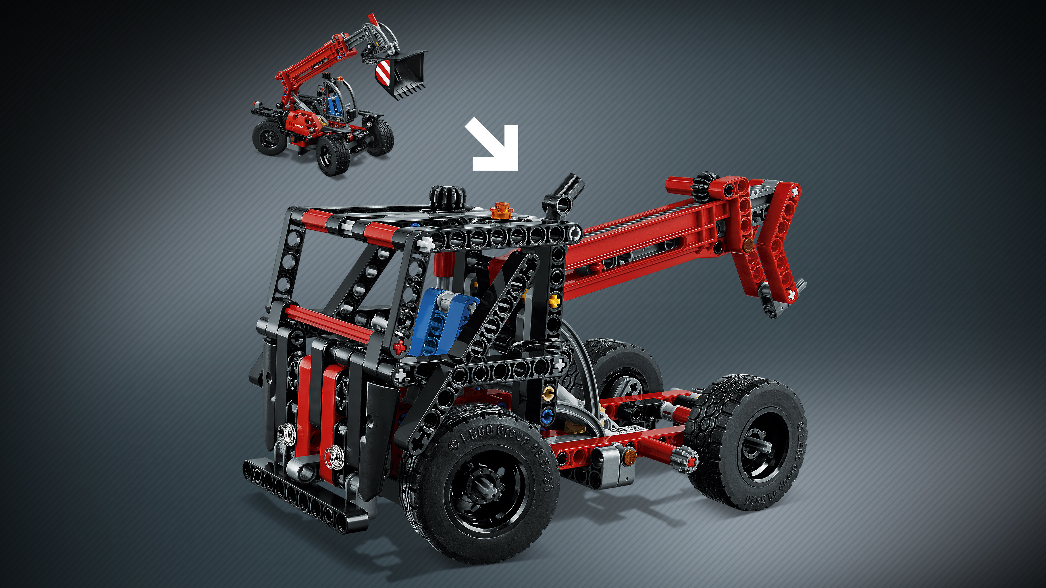 Lego Technic vrachtwagenmodel, rood en zwart, met een kleine graafmachine en pijl.