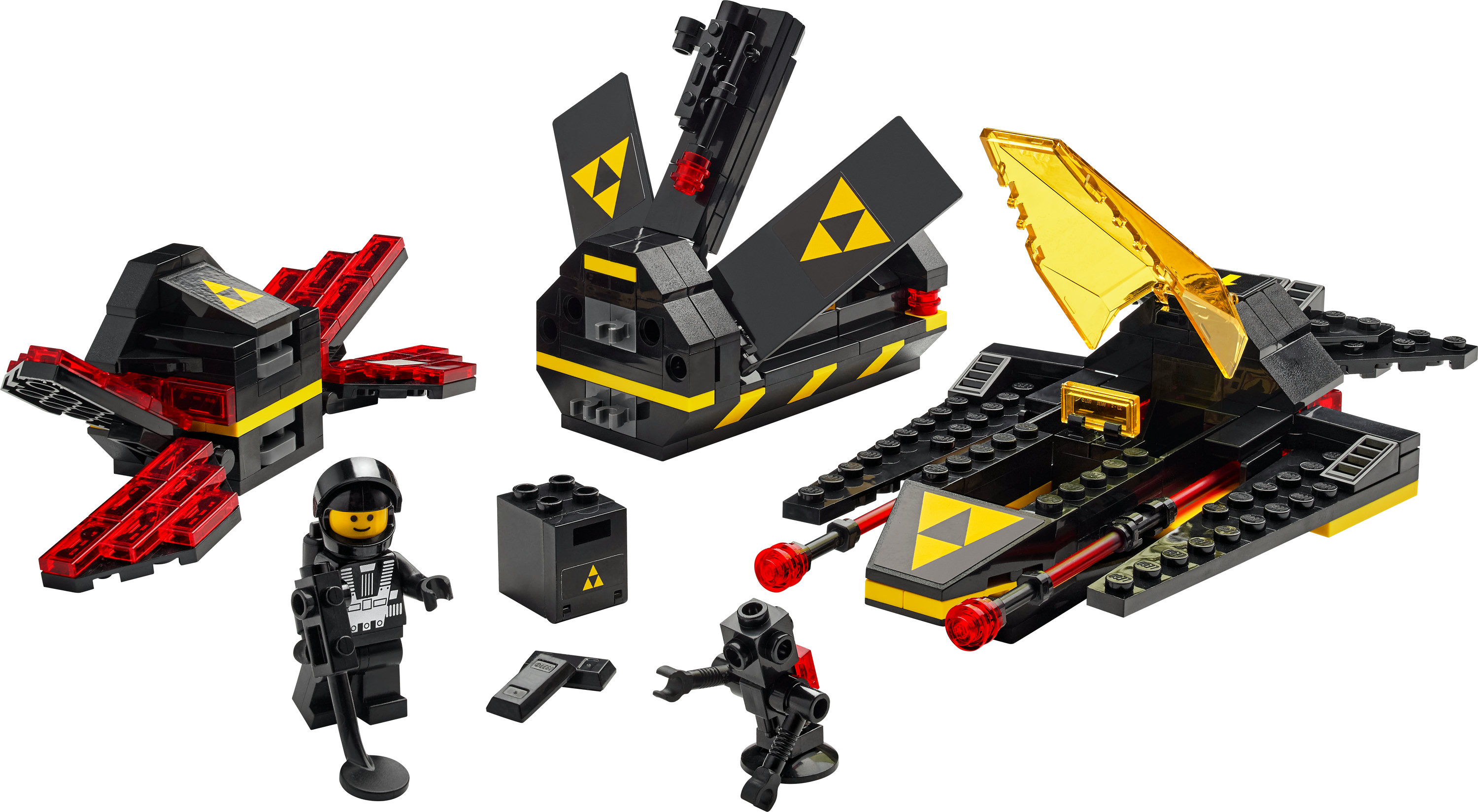 LEGO Space Sets mit schwarzen und roten Weltraumfahrzeugen, Astronauten und Elementen.