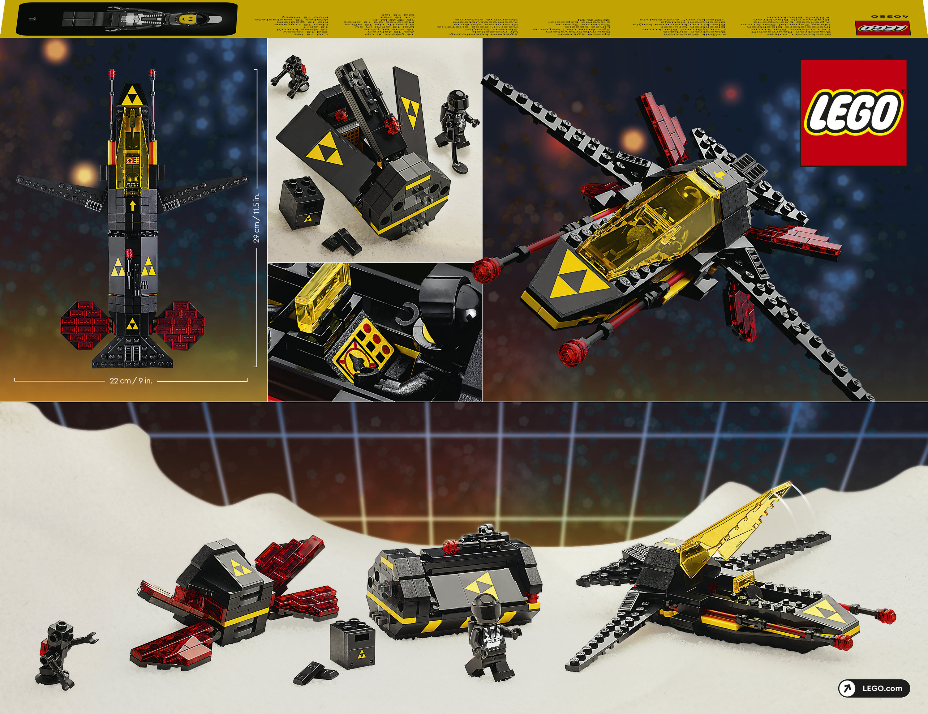 LEGO-Set mit schwarzem Raumschiff, schwarzer Figur und rotem und gelbem Hintergrund.