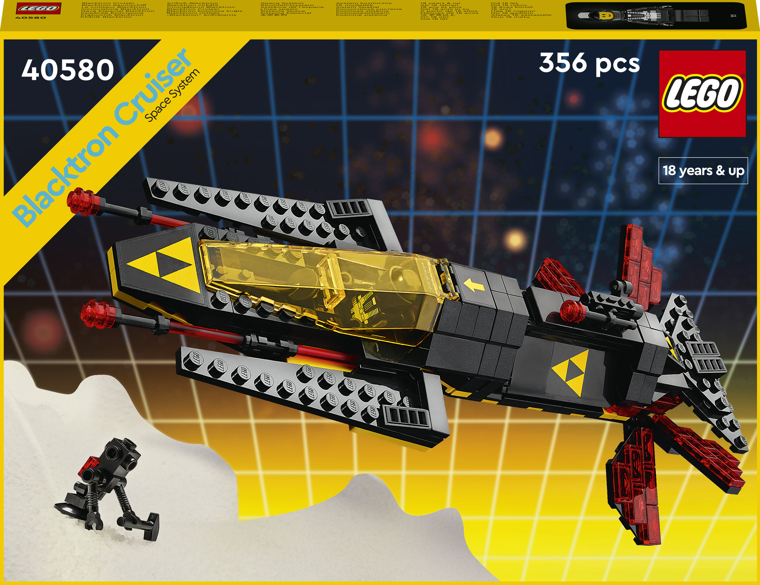 Lego Blacktron Cruiser-Set: Ein schwarz-gelbes Raumschiff mit kleiner Basis.