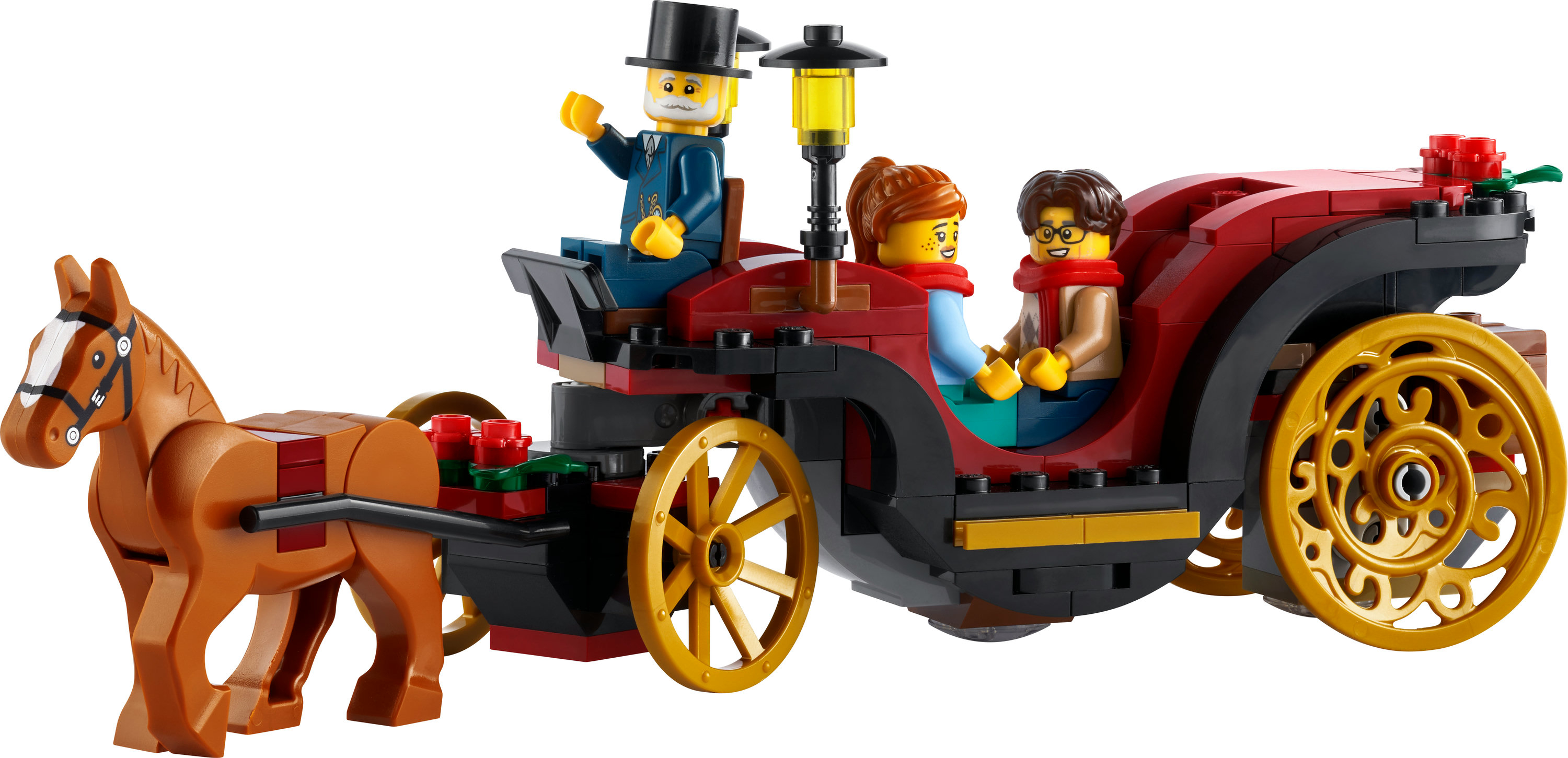 Lego-Set einer Pferdekutsche mit drei Figuren, die darin fahren.