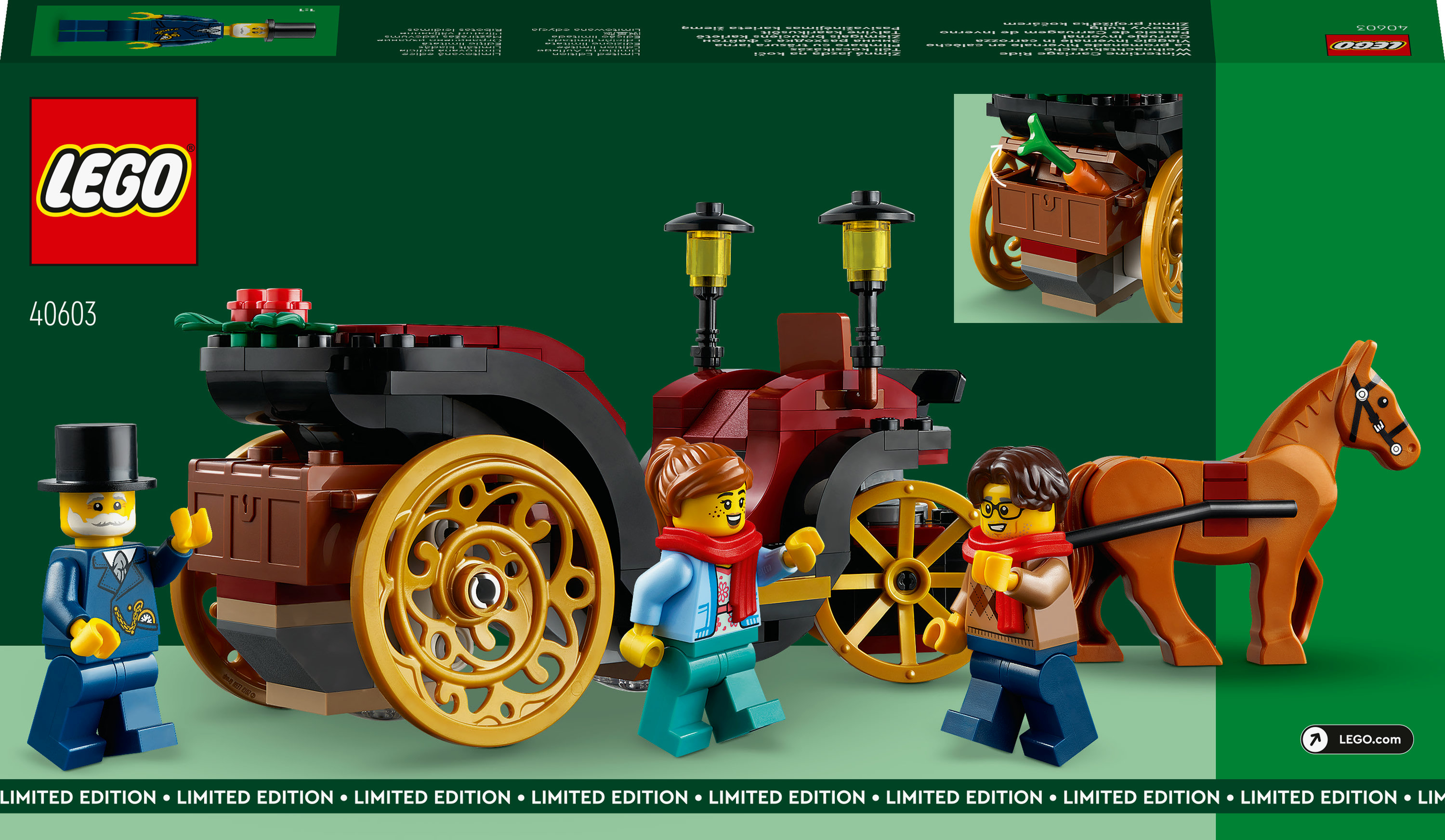 LEGO-Set mit Kutsche, Figuren und Pferd.