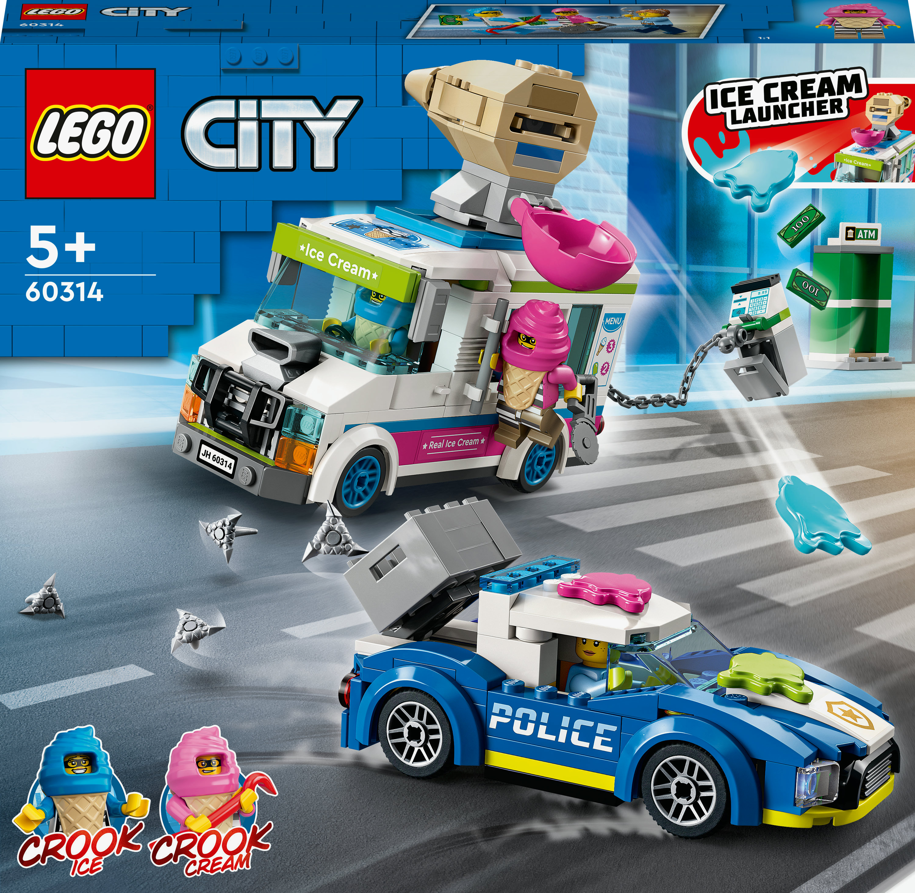 LEGO City Set eines Eiswagens und eines Polizeiautos, mit Minifiguren und Zubehör.