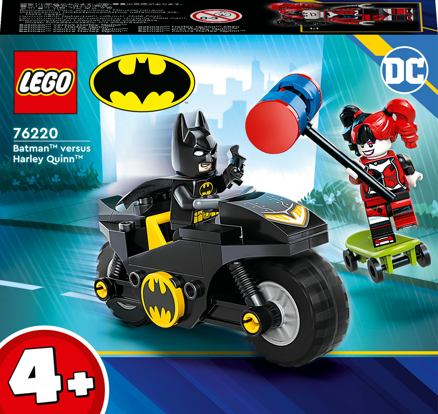 Lego-Set-Box mit Batman auf einem schwarzen Motorrad, Harley Quinn auf einem Skateboard. Der Hintergrund hat Regeneffekte.