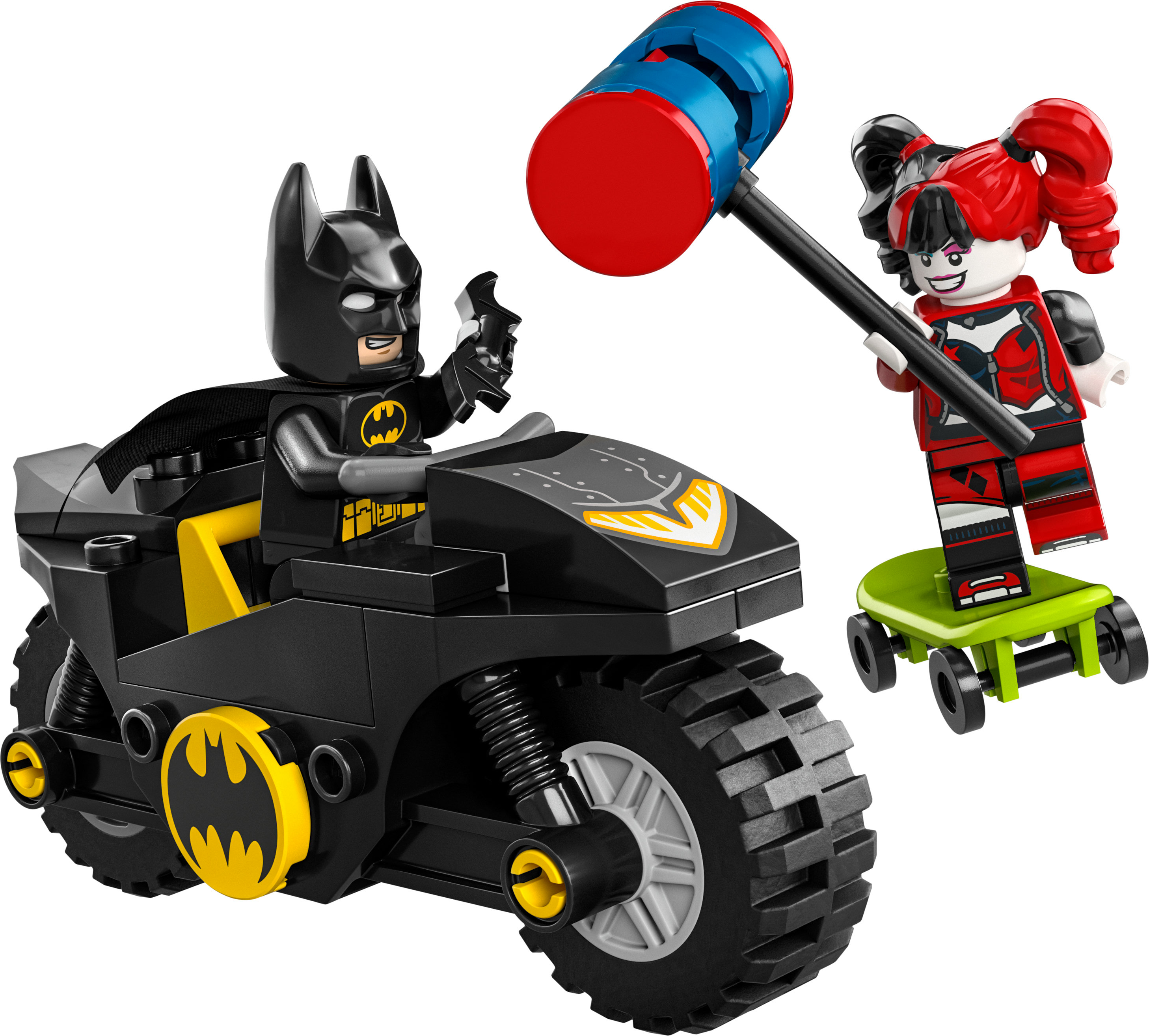 Batman auf einem schwarzen Motorrad, Harley Quinn mit einem Schlägel gegenüberstehend.