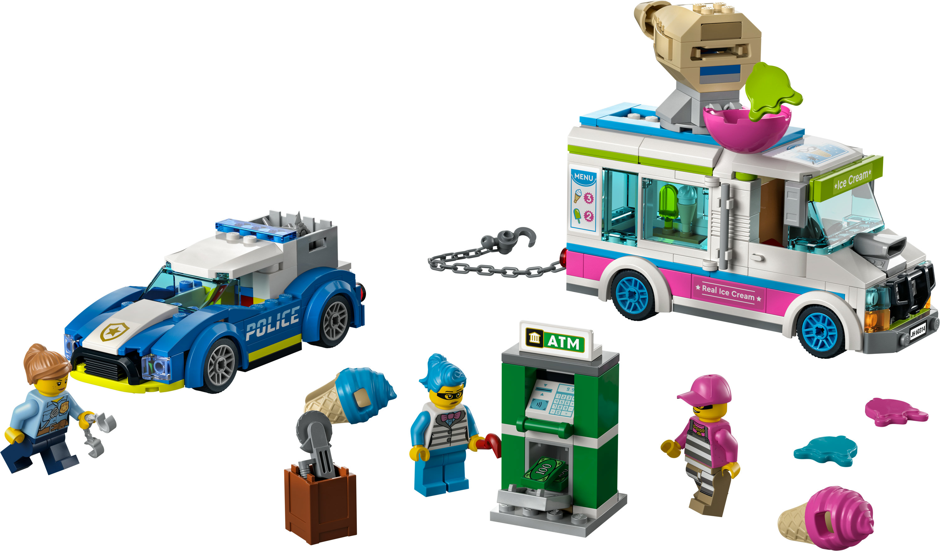 LEGO City Set mit Polizeiauto und Eiswagen, plus Figuren und einem Geldautomaten.