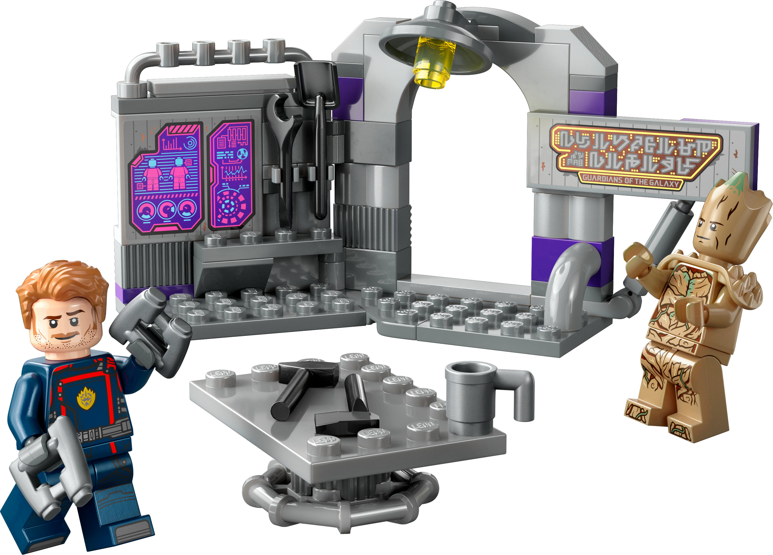 Lego set van Guardians of the Galaxy scène met figuren, gereedschap en een tafel.
