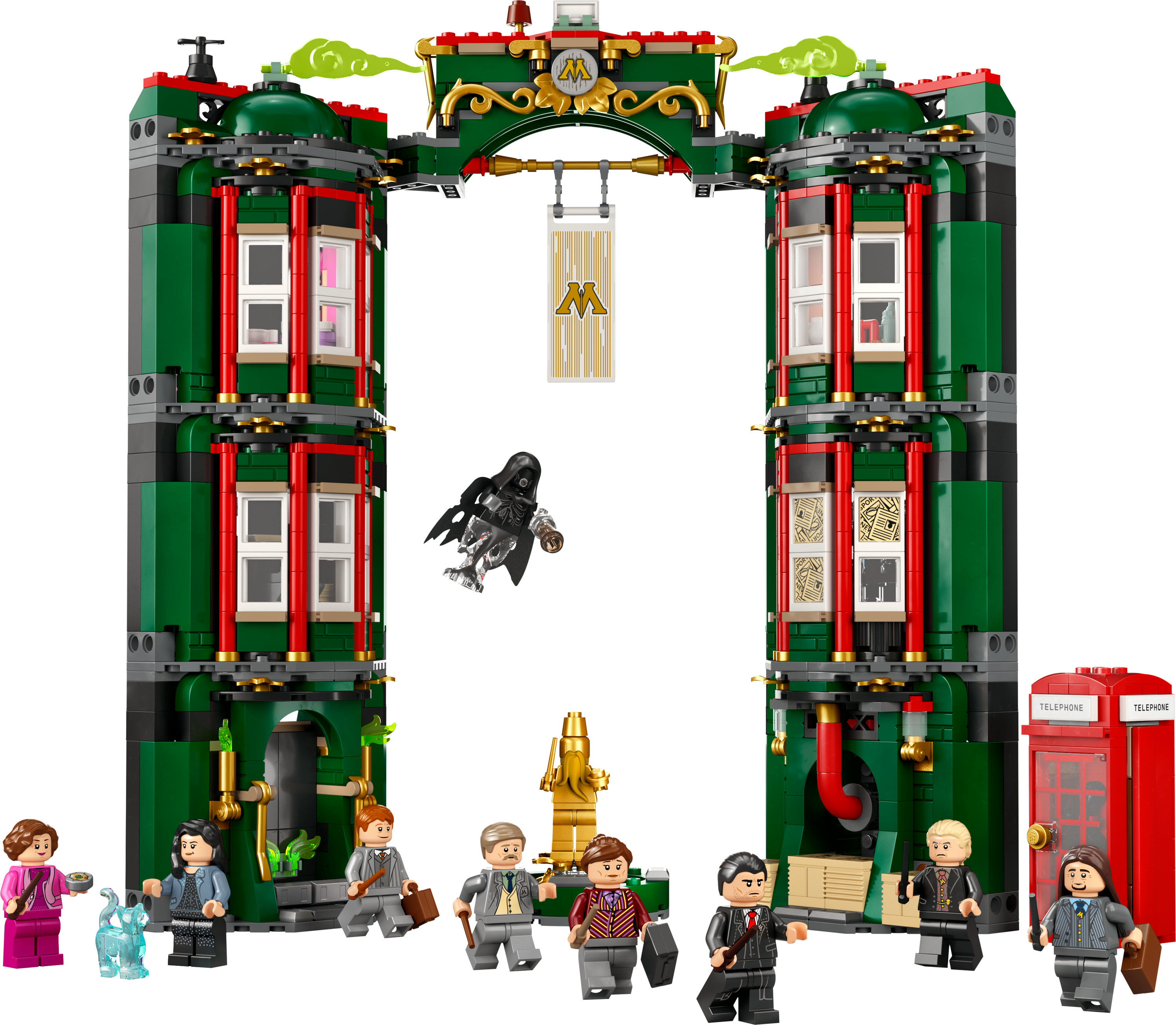 Lego-Set eines grünen Gebäudes mit Figuren und einem fliegenden Geist.