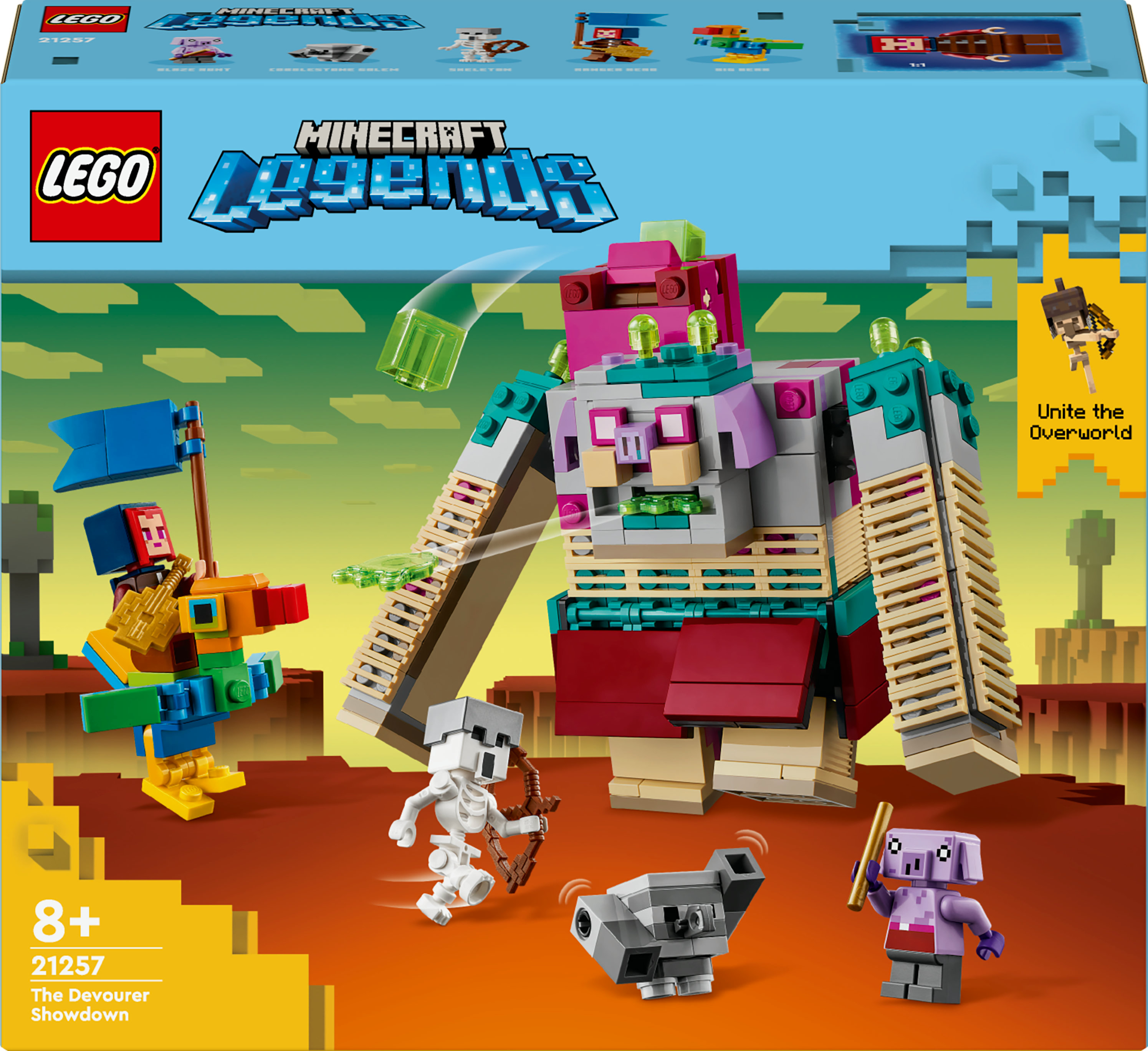 Lego Minecraft-Set mit Figuren. Der Verschlinger und andere Charaktere in einer wüstenartigen Umgebung.