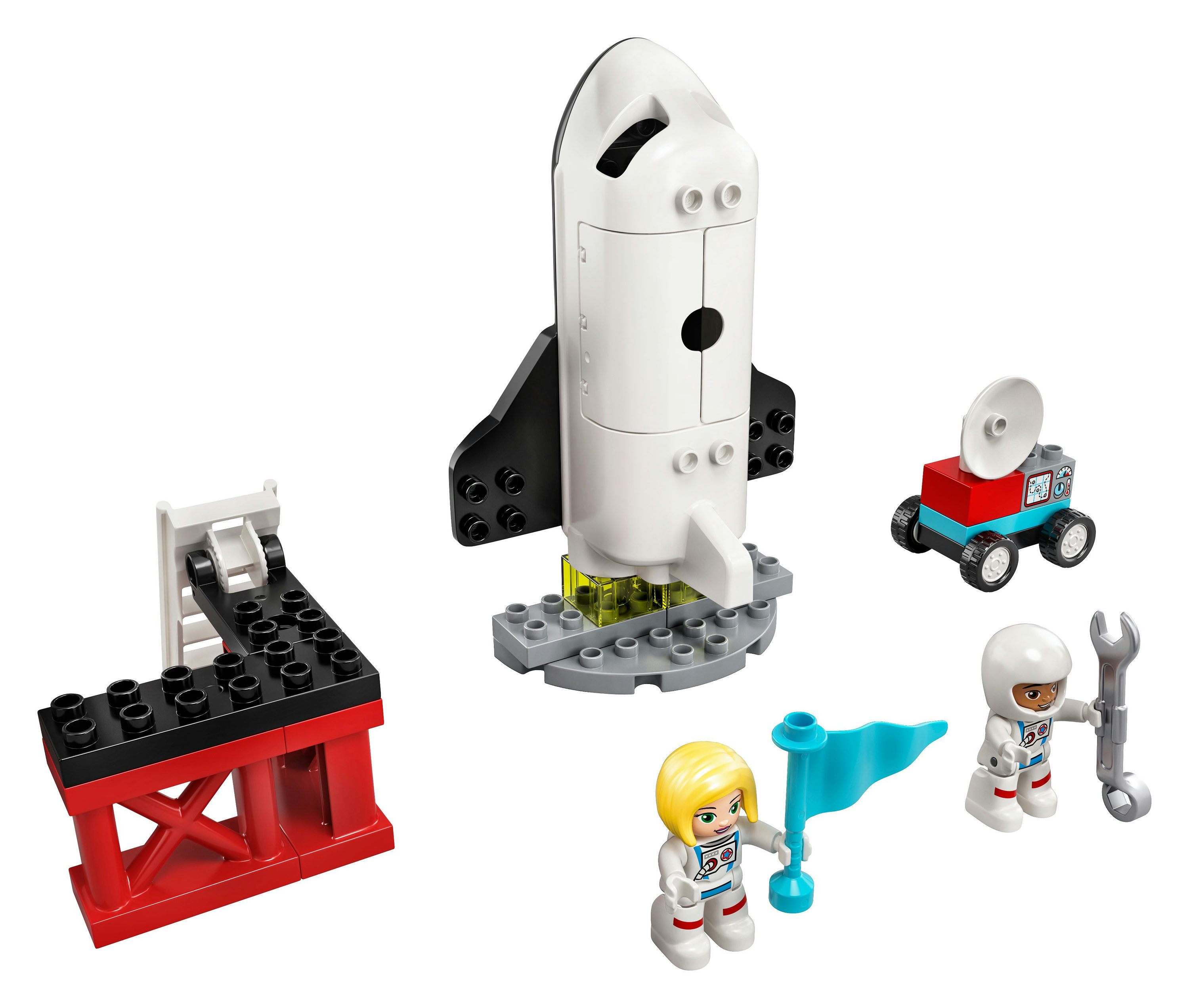 Lego Duplo-Set mit einer Rakete, Astronautenfiguren, einem Startturm und einem Rover.