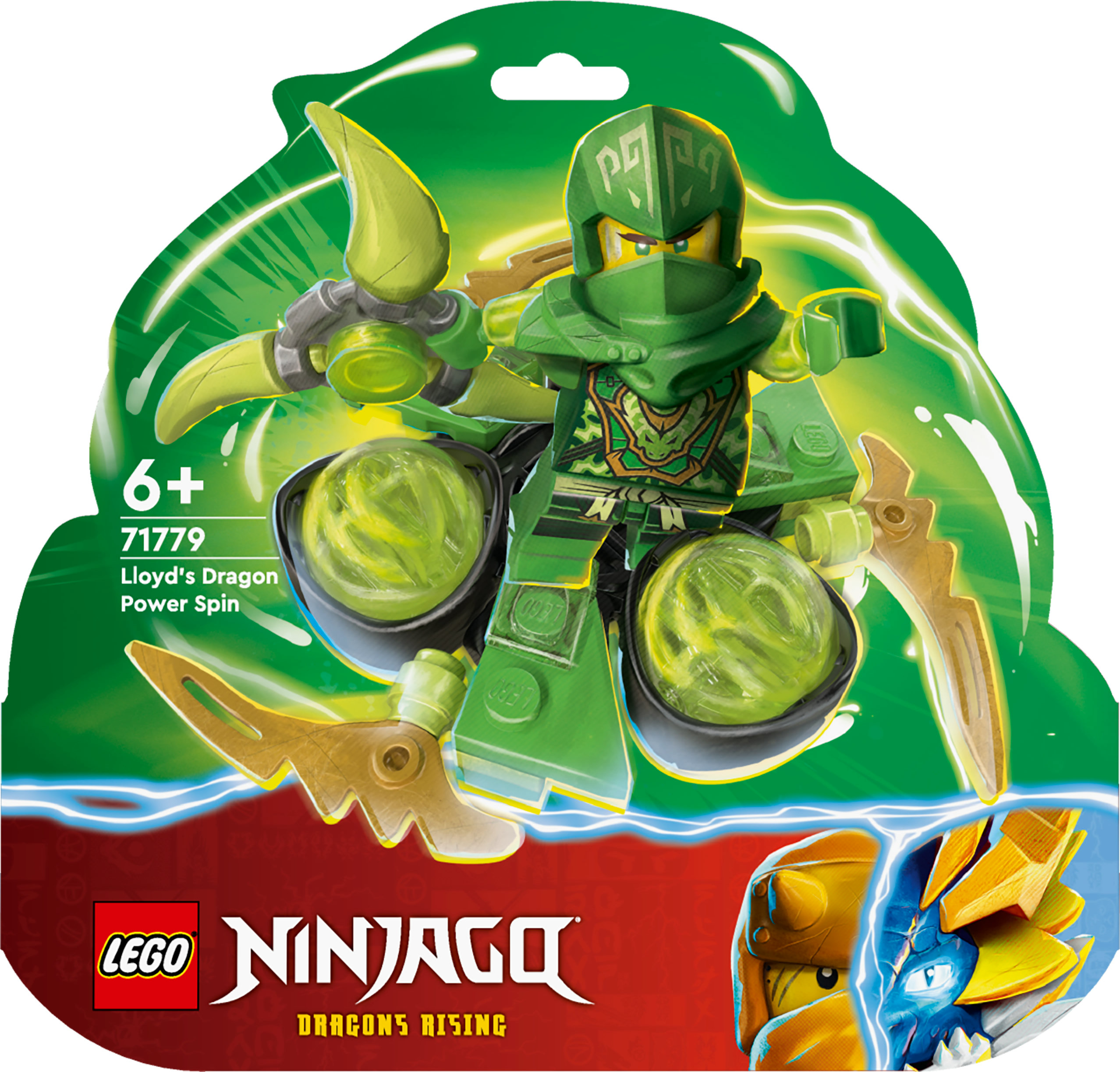 Lego Ninjago set ambalajı. Yeşil bir ninja figürü ile Lloyd's Dragon Power Spin setini gösterir.