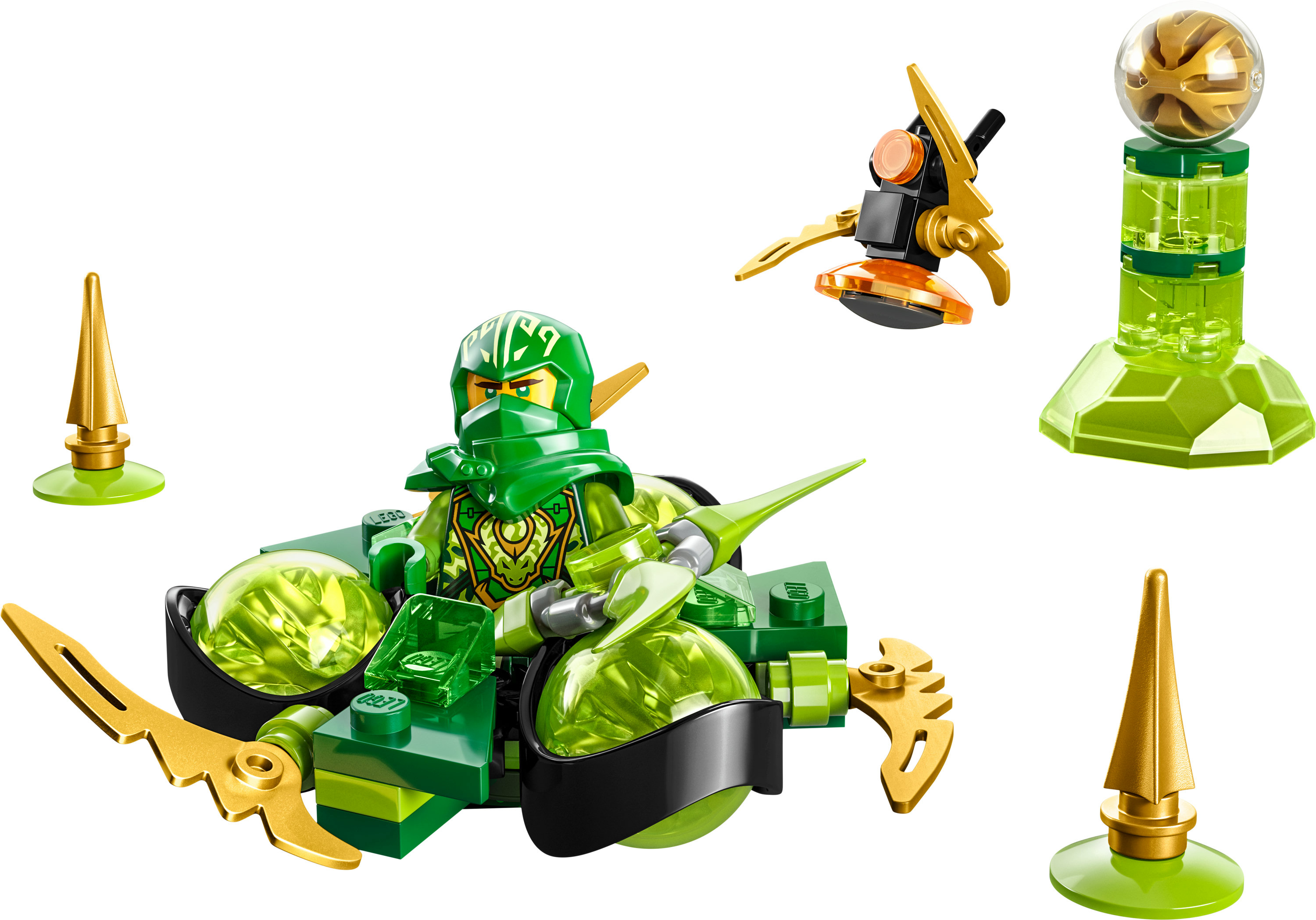 Bir Lego Ninjago seti. Altın detaylara sahip yeşil bir araç üzerinde yeşil bir ninja ve diğer yapılar.