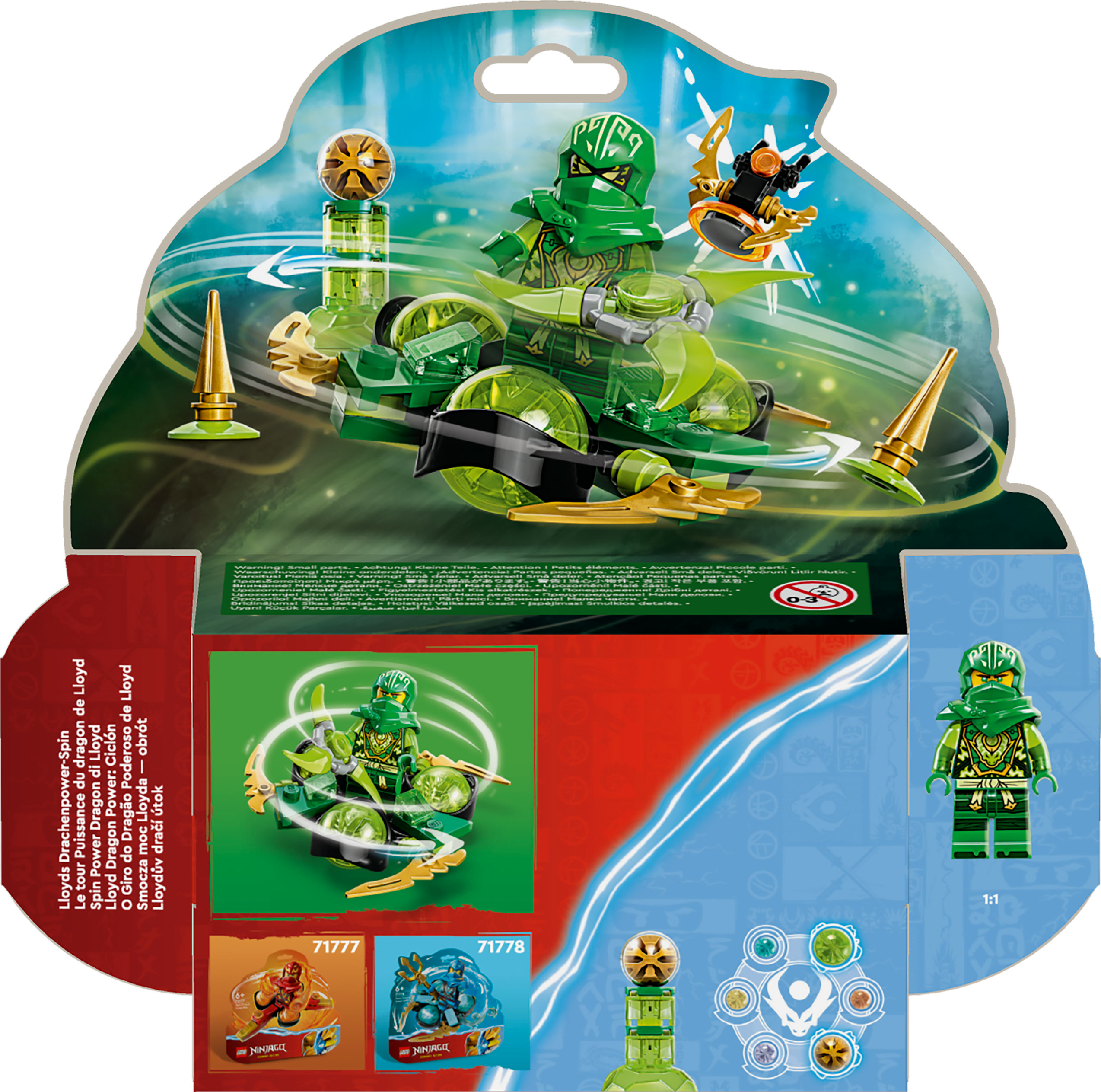 Dönen bir üst ve ek figürlerle bir araç üzerinde yeşil bir ninja içeren Lego Ninjago seti.