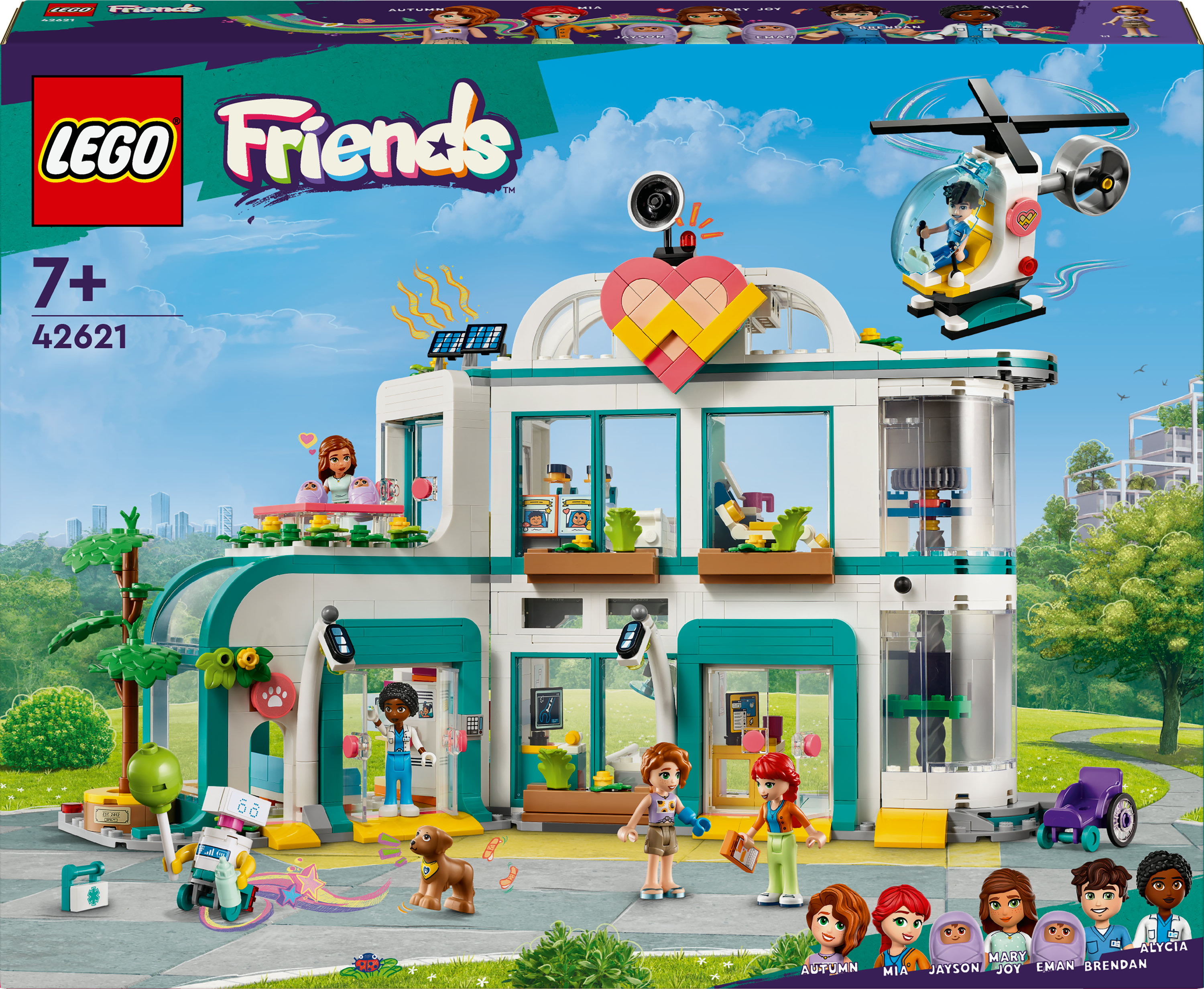 Zestaw kliniki weterynaryjnej Lego Friends z budynkiem, helikopterem, figurkami i zwierzętami.