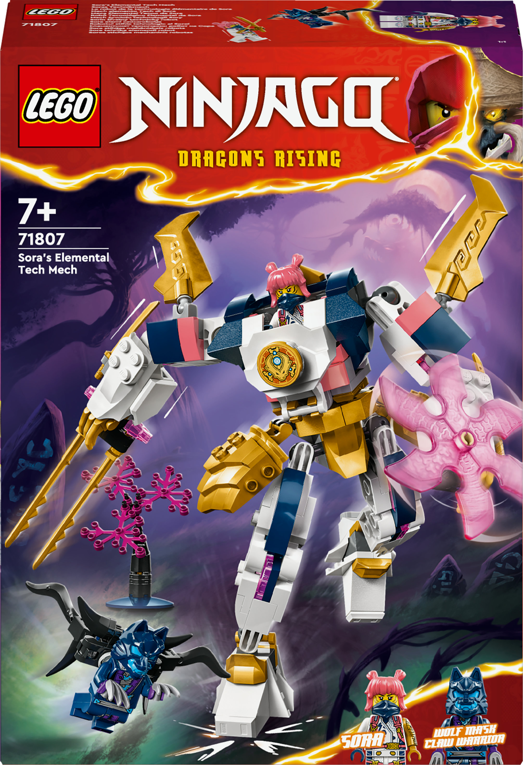 Lego Ninjago Soras Elemental Tech Mech. Eine große Mech-Figur befindet sich in der Mitte. Andere Figuren im Hintergrund.