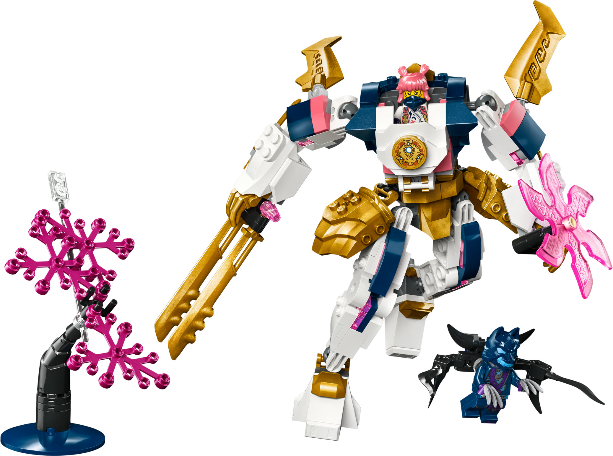 Lego Ninjago Mech mit Gold- und Weißtönen. Pinke Akzente. Ein kleiner schwarzer Drache und eine rosa Blume sind ebenfalls vorhanden.