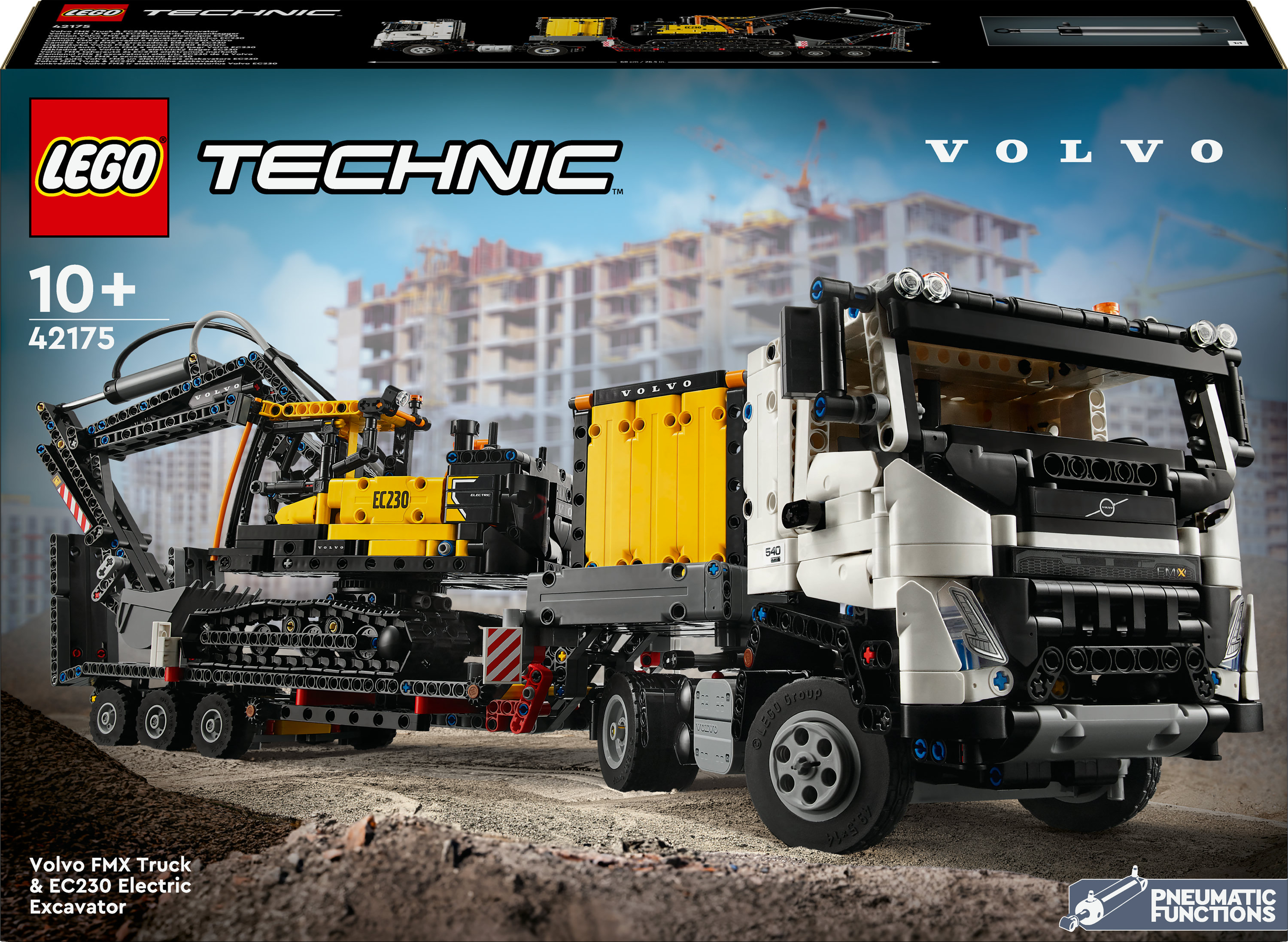 Pudełko Lego Technic, prezentujące ciężarówkę Volvo FMX z koparką elektryczną EC230, na tle placu budowy.