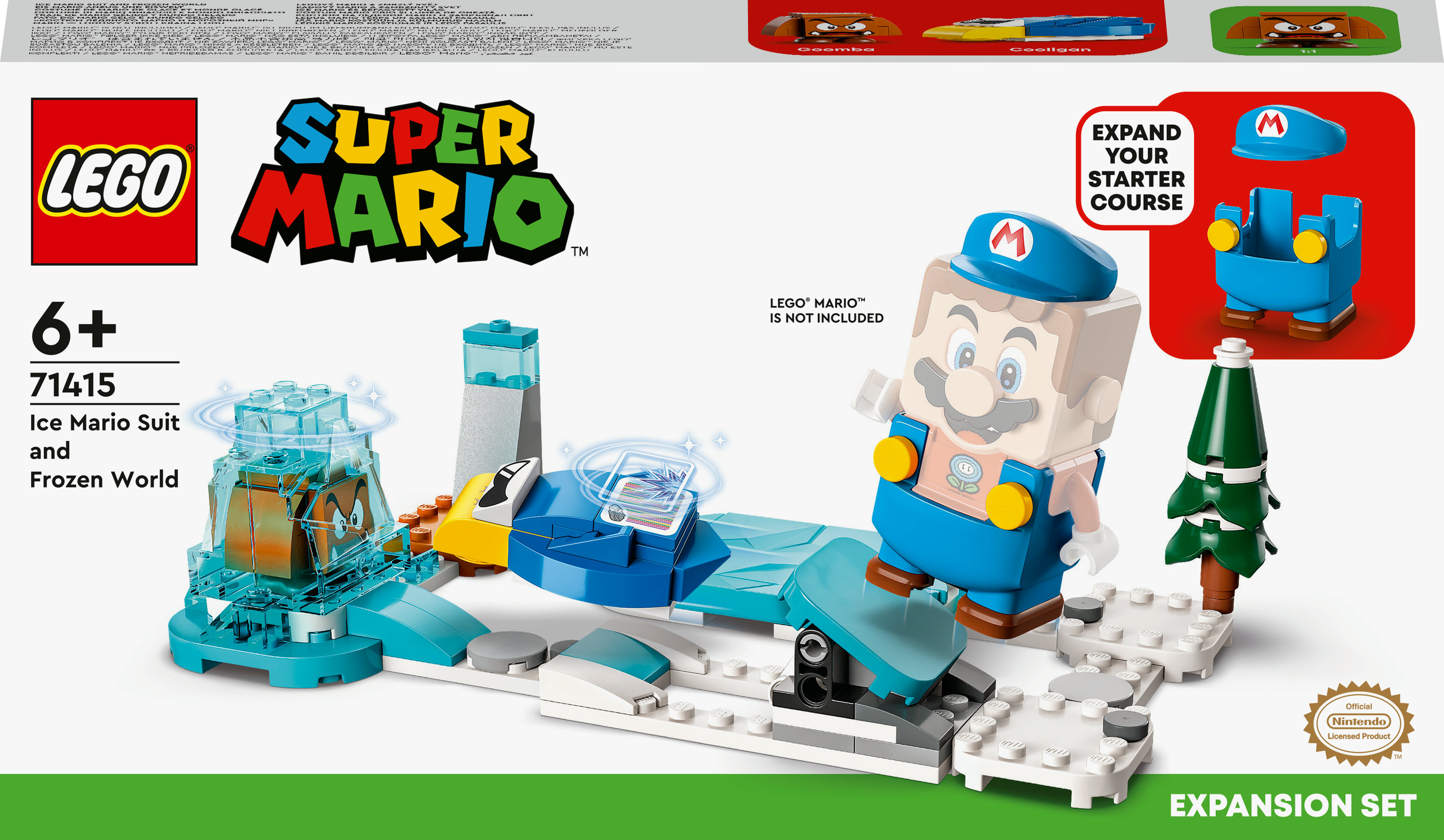 Lego Super Mario Setkarton. Enthält eine Mario-Figur in einem Eisanzug, mit einer gefrorenen Welt und zusätzlichen Setbildern.