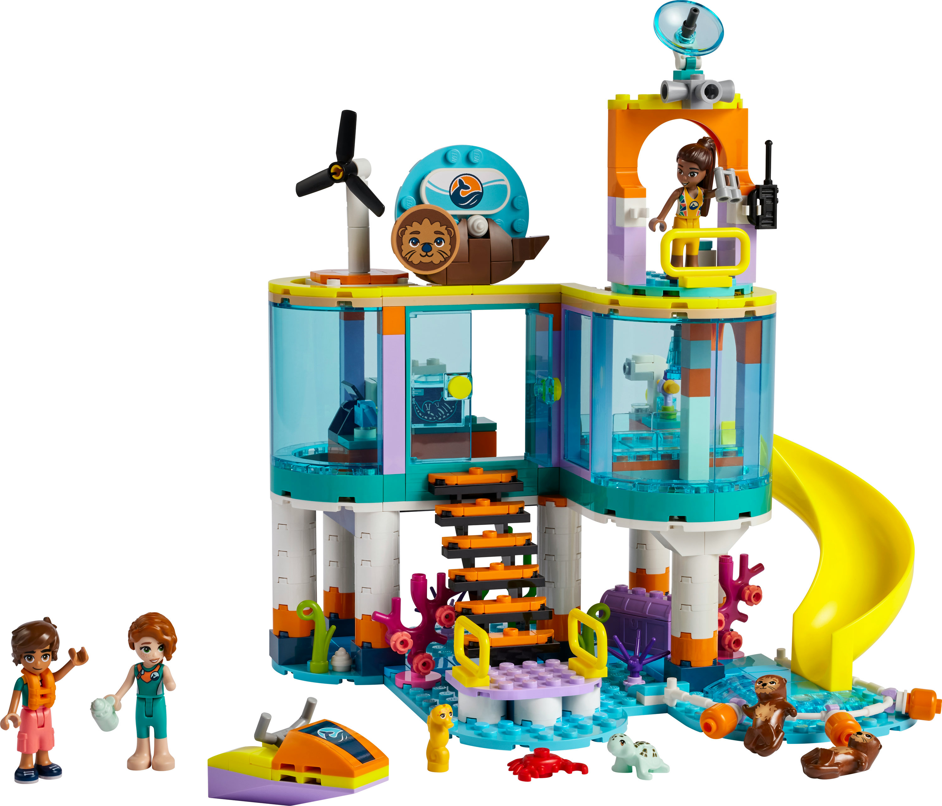 Lego Friends Set: Meeresforschungsstation mit Figuren, Rutsche und Seelöwen mit Radarturm.