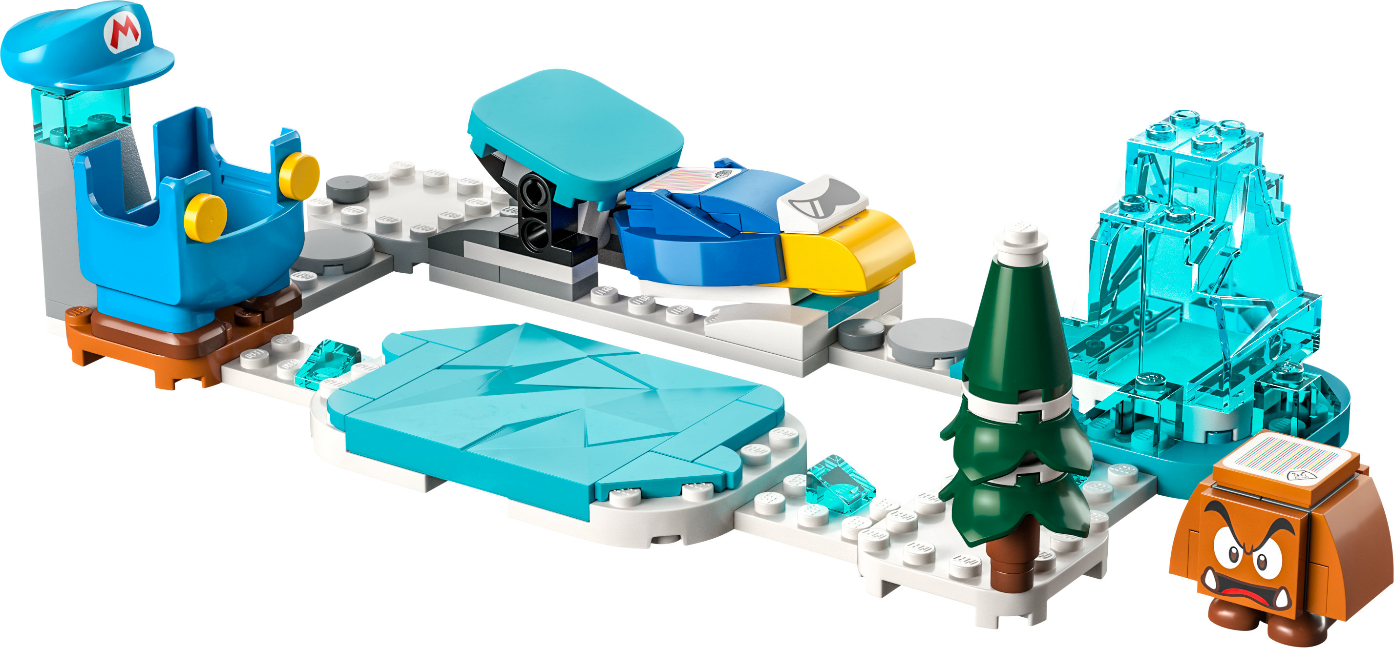 Ein Lego Super Mario Set mit Eisfunktionen, einem Pinguin und einem Gumba. Das Set steht auf weißem Grund.