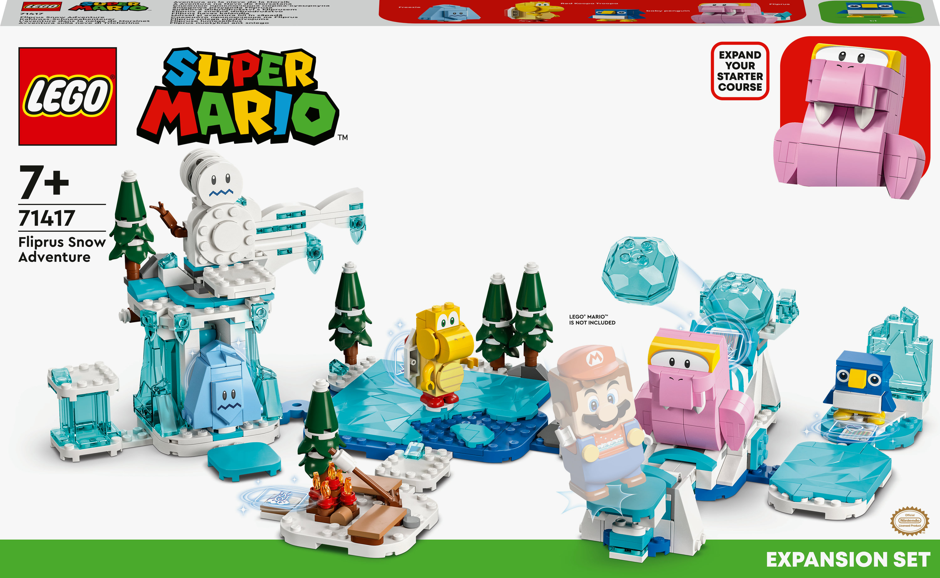 Lego Super Mario-set met een besneeuwd landschap, personages en diverse spelelementen.