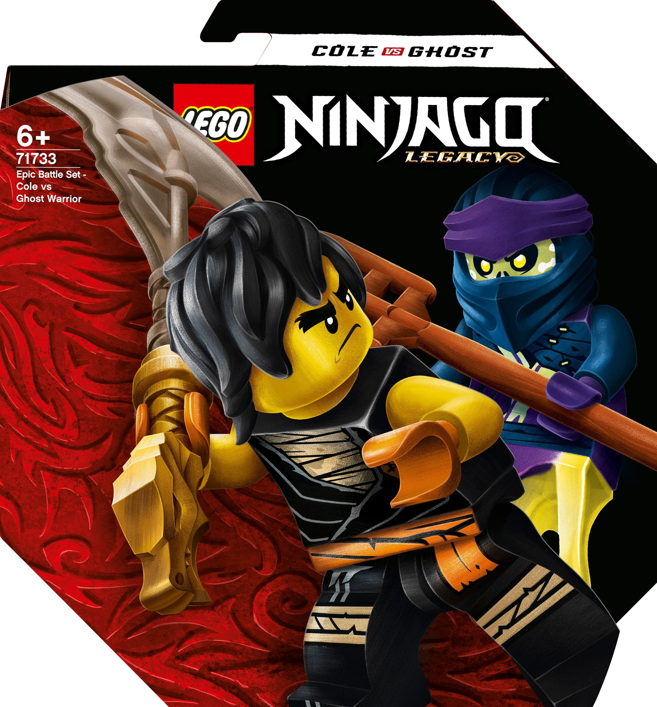 Lego Ninjago Set: Cole vs. Ghost Warrior in Aktion. Charaktere in dynamischen Posen. Kräftige Farben und Kontraste.