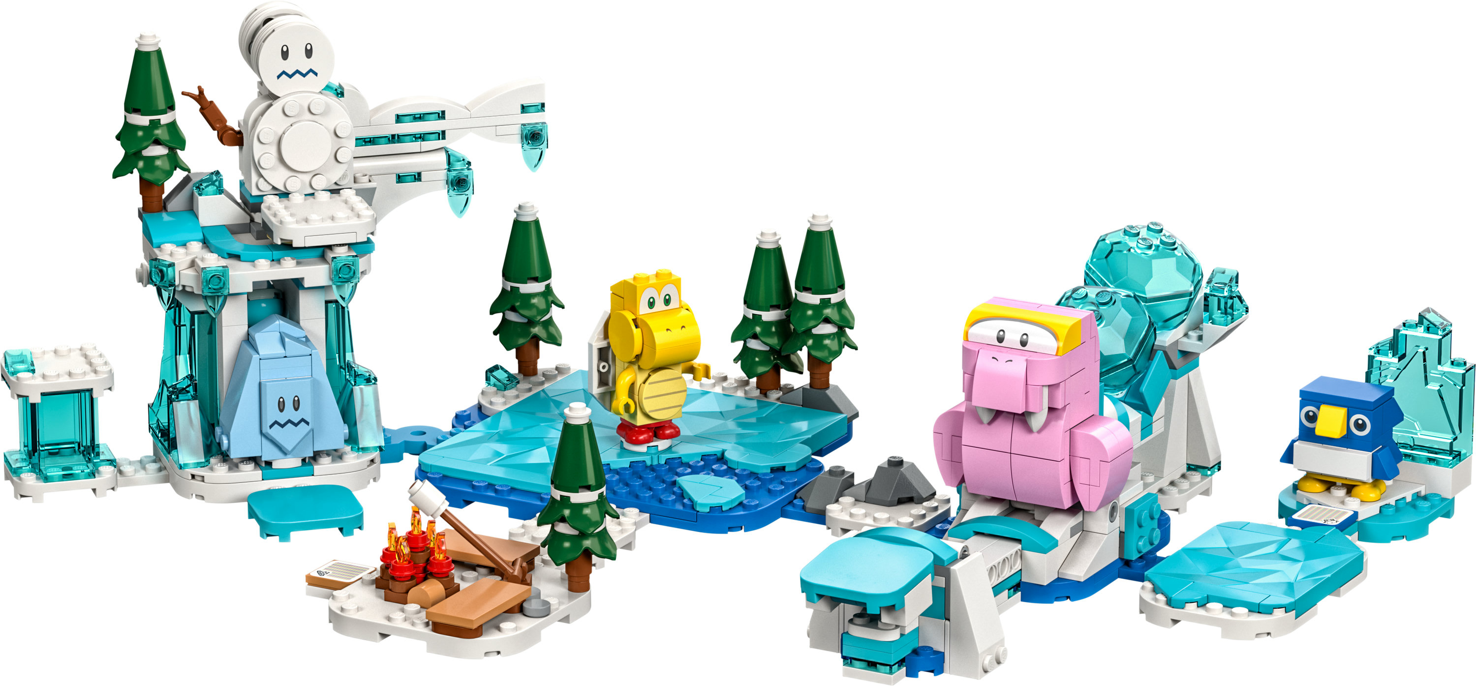 Een LEGO Super Mario Ice World set met figuren en obstakels met ijsthema.