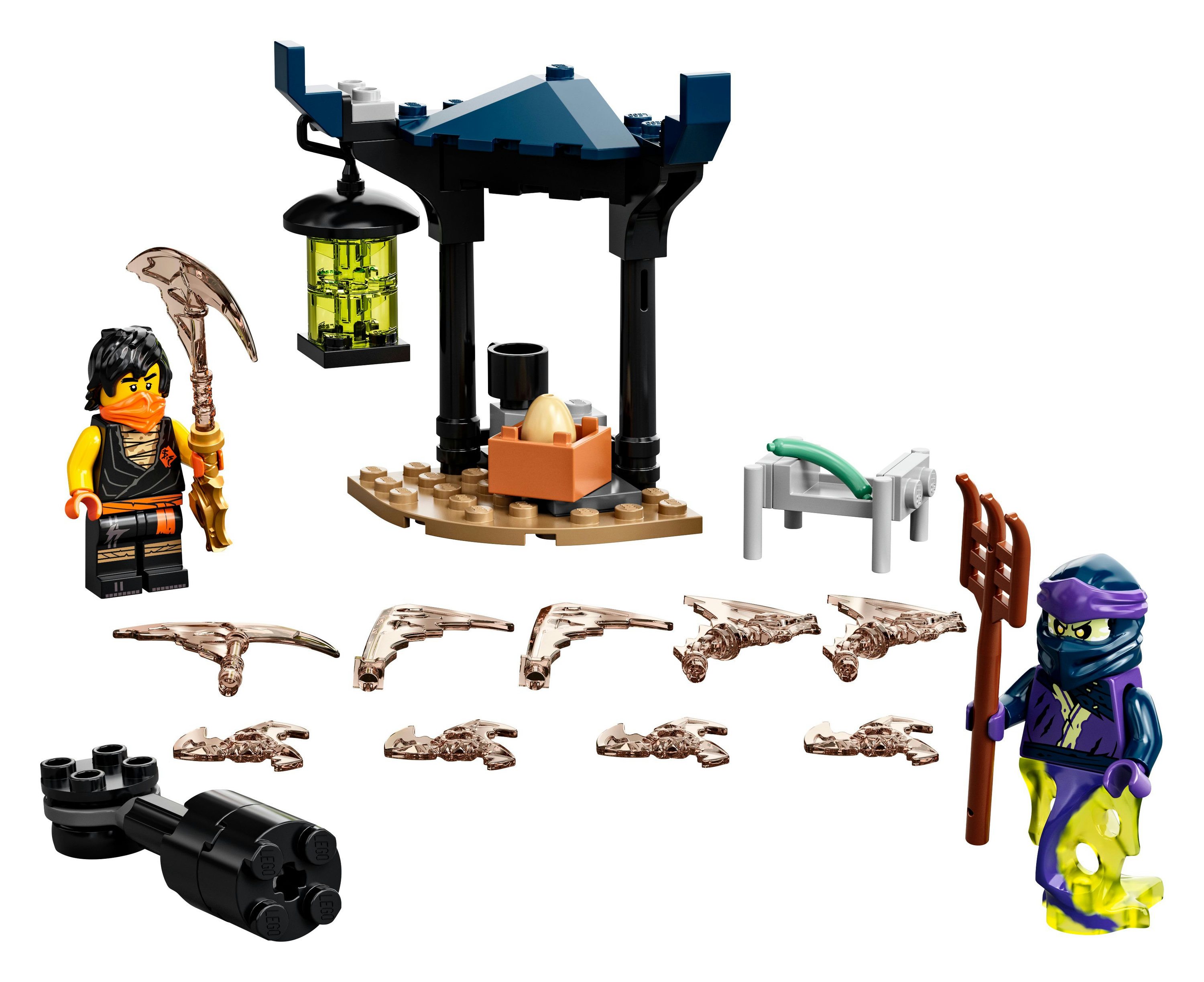 LEGO Ninjago Set. Ninja-Figuren, ein Tempel und Waffen, mit einem Schwarz-Gold-Farbschema.