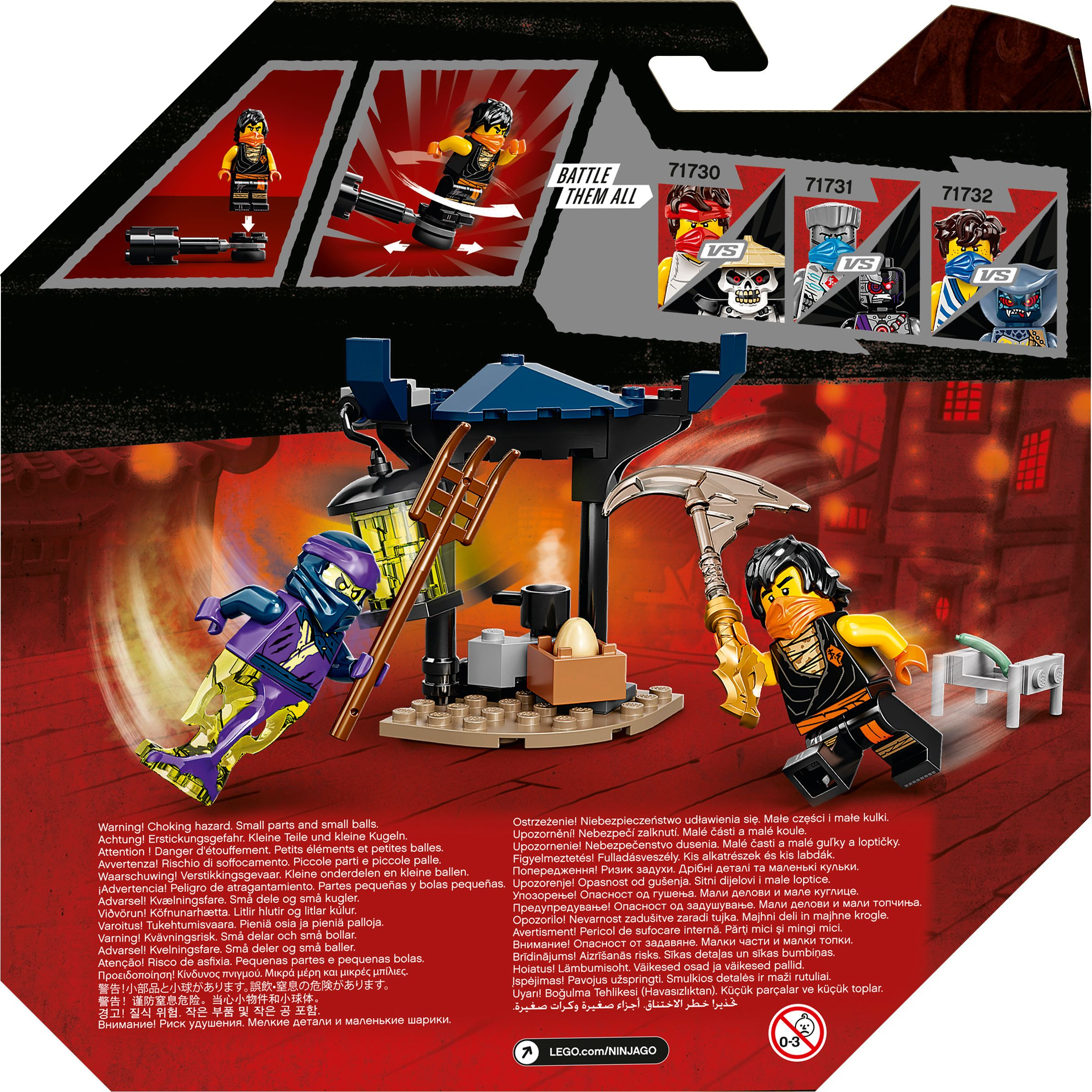 Rückseite einer Lego Ninjago Set-Box, die Minifiguren und eine Kampfszene mit Text zeigt.