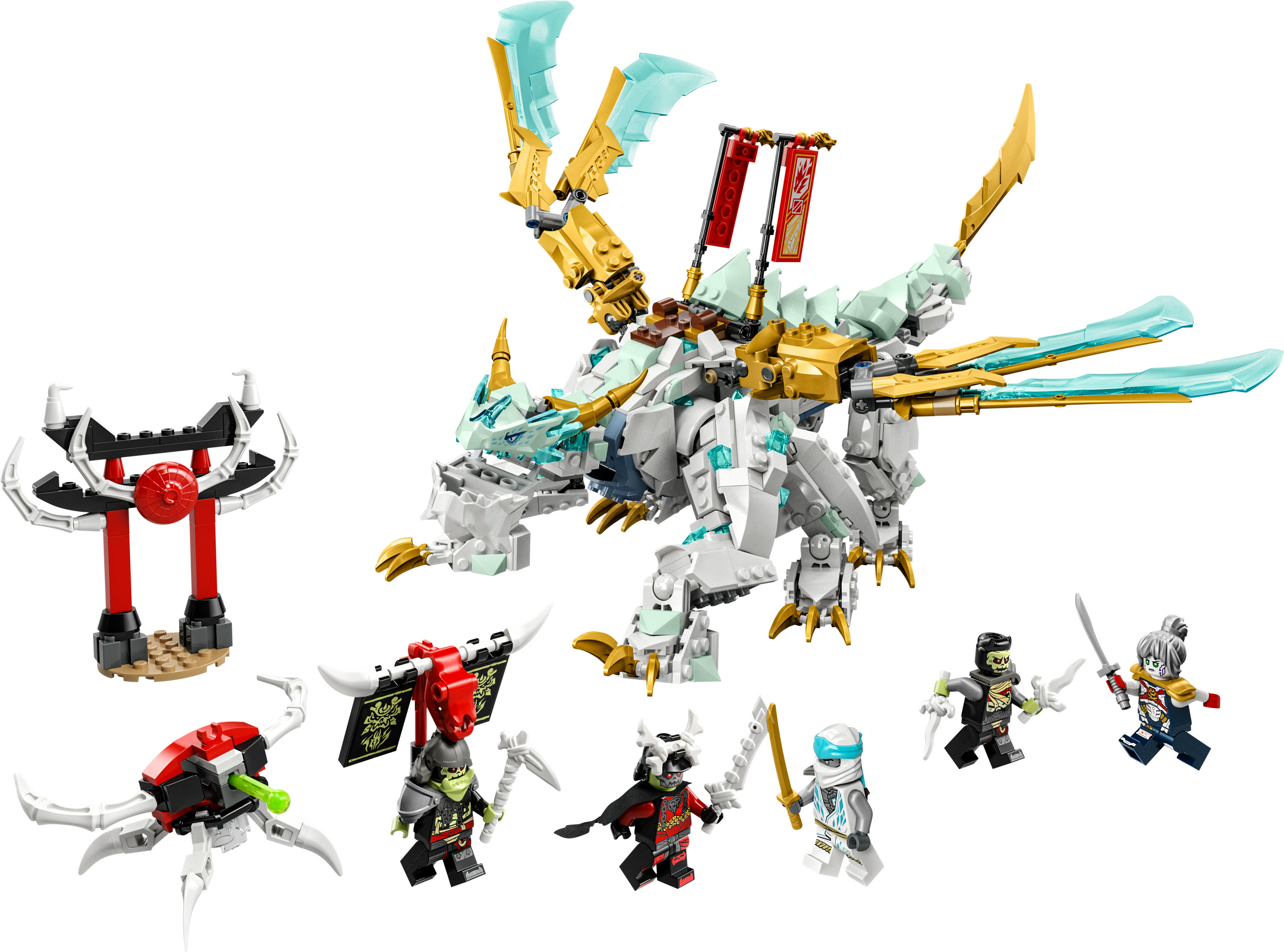 Ein Lego Ninjago Set mit einem Drachen, mehreren Minifiguren und einem dekorativen Tor.