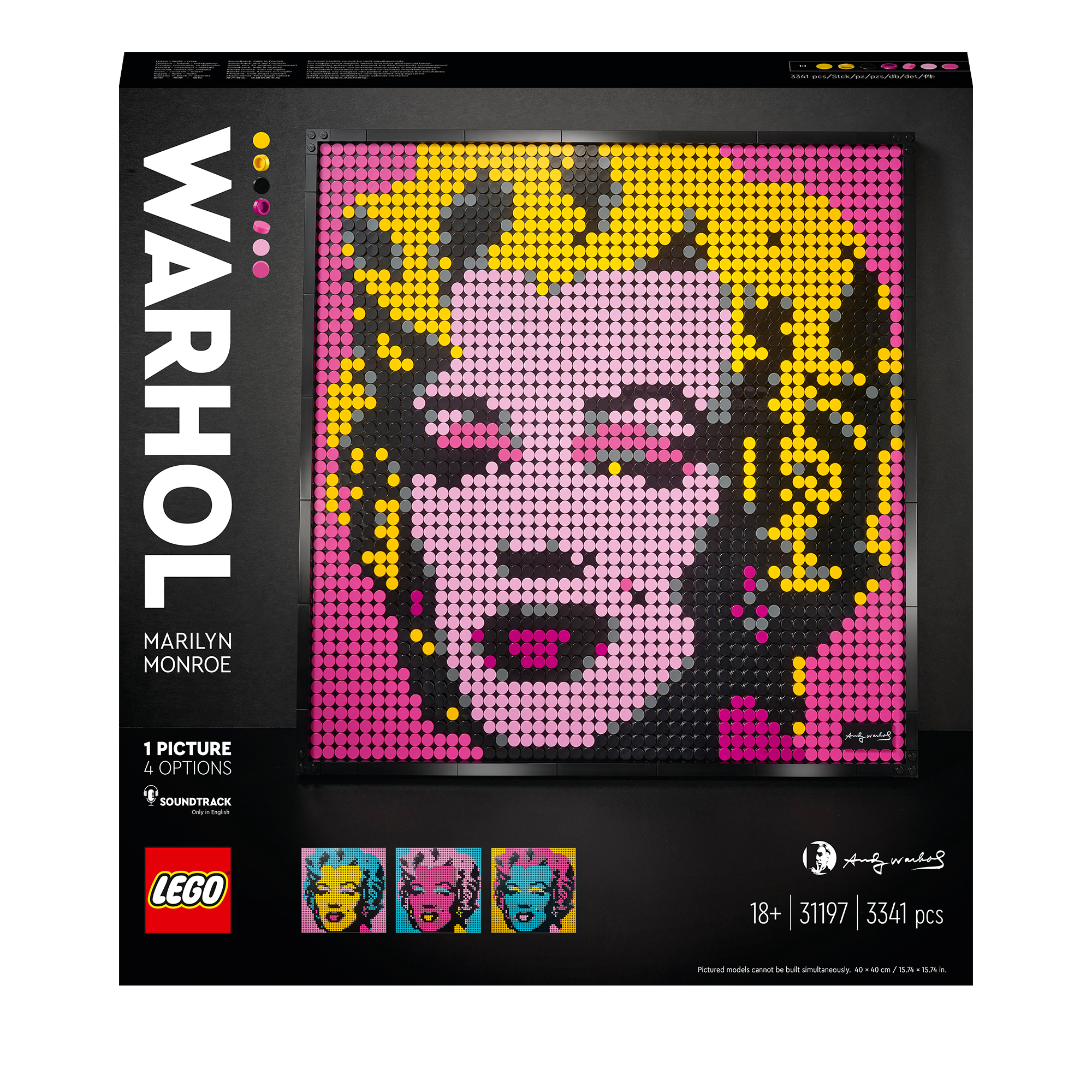 Zestaw LEGO Art Marilyn Monroe z czarną ramką. Pudełko przedstawia dzieło sztuki i opcje.