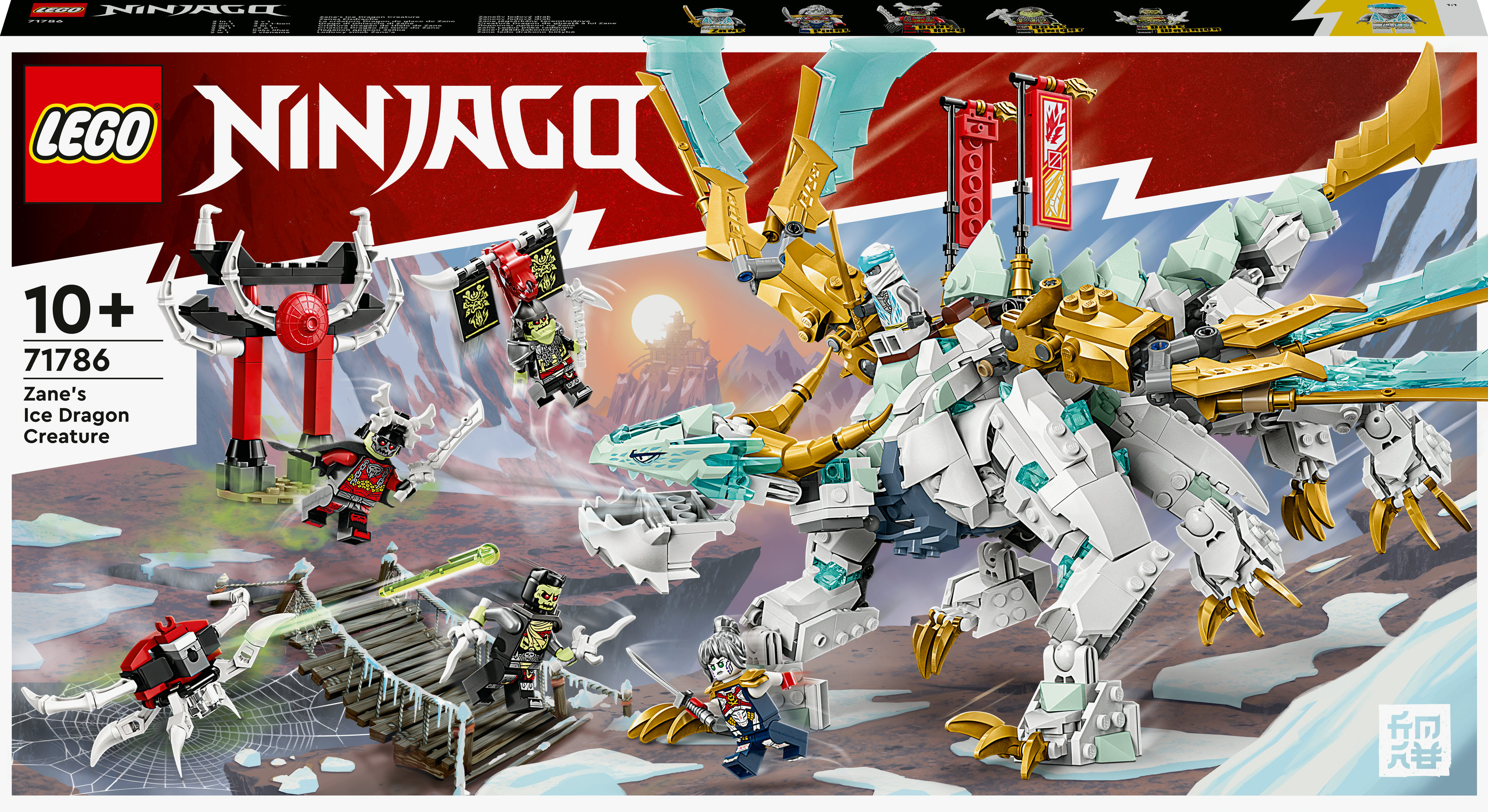 LEGO Ninjago Set. Ein großer Eisdrache und mehrere Minifiguren sind in der Szene.