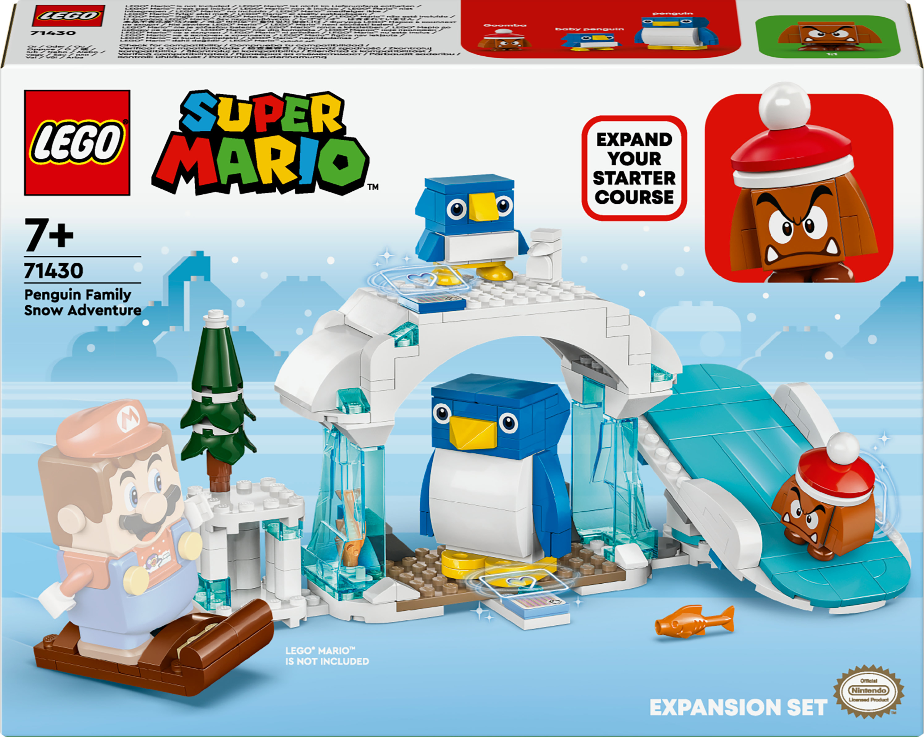 Set LEGO Super Mario. Incluye a Mario, pingüinos, estructuras de hielo y un Goomba en un tobogán.