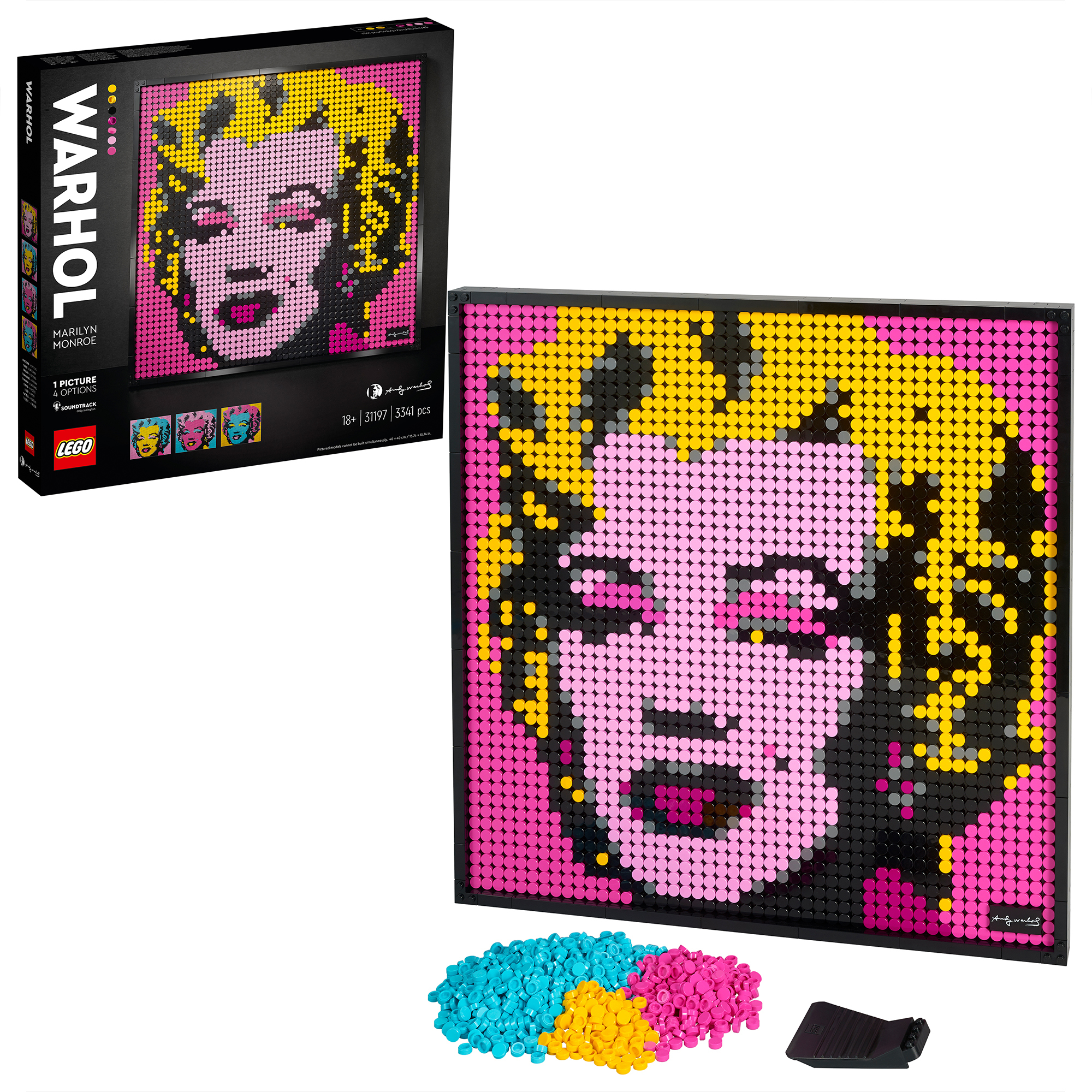 Zestaw Lego Art: portret Marilyn Monroe wykonany z klocków Lego. Wyświetlany w ramce z dodatkowymi klockami.
