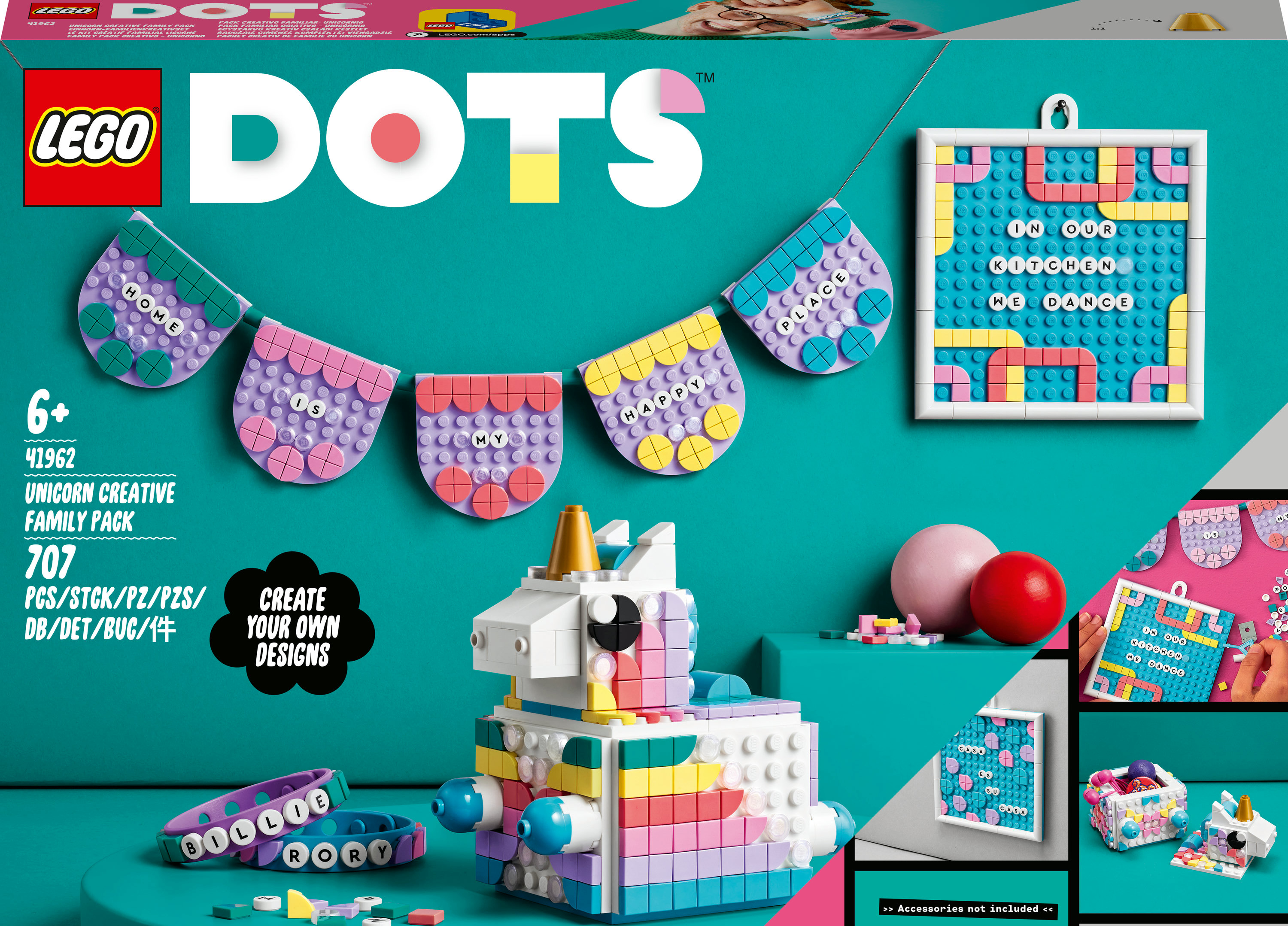Lego Dots Set mit Einhorn, Bannern und einem Familienpaket, auf weißem Hintergrund gezeigt.