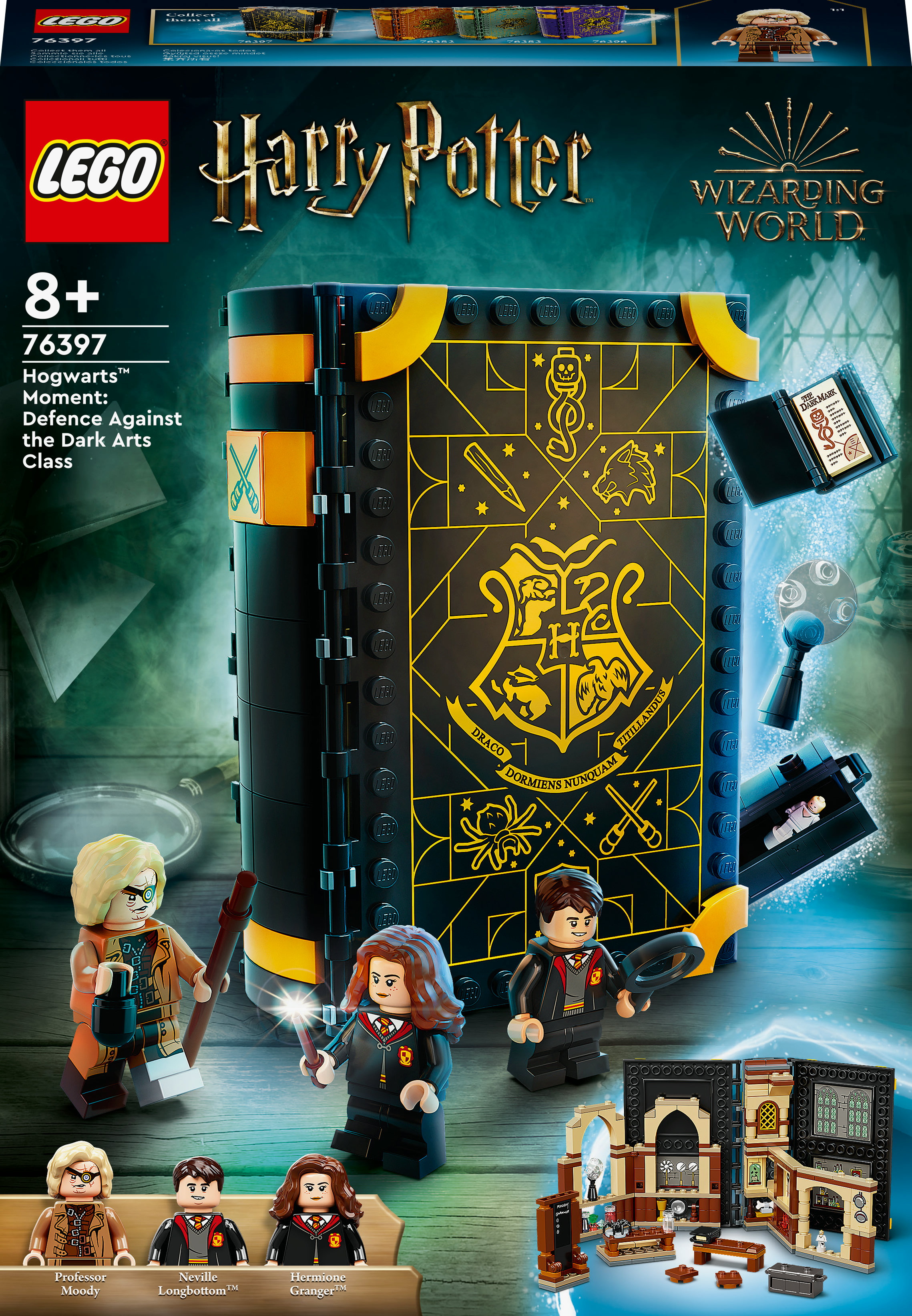 Lego Harry Potter Set: eine buchförmige Box, Figuren von Harry, Hermine und Moody.