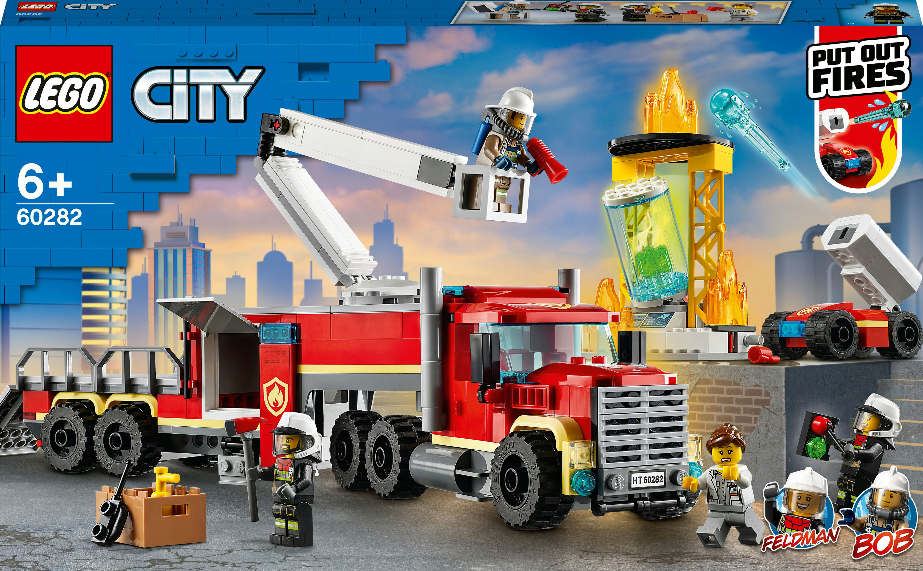 Autopompa LEGO City con gru, minifigure e scena di fuoco, con fiamme e operazione di soccorso.