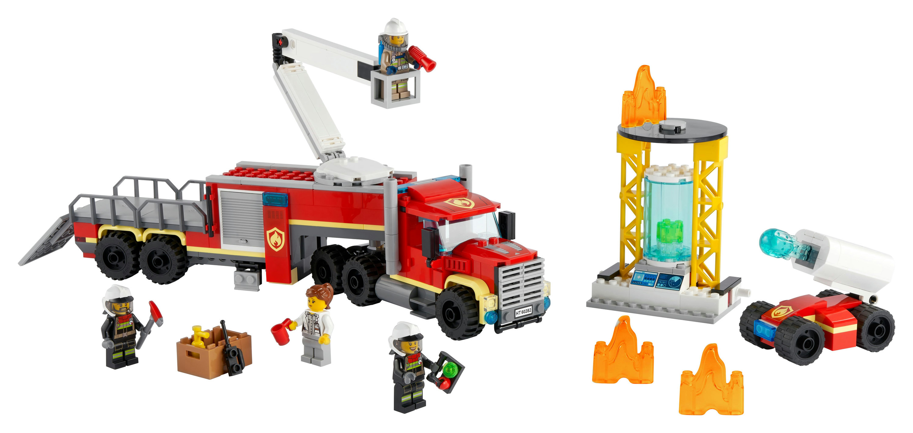 Set LEGO City autopompa con personaggi, cannone ad acqua e modello edificio in fiamme.