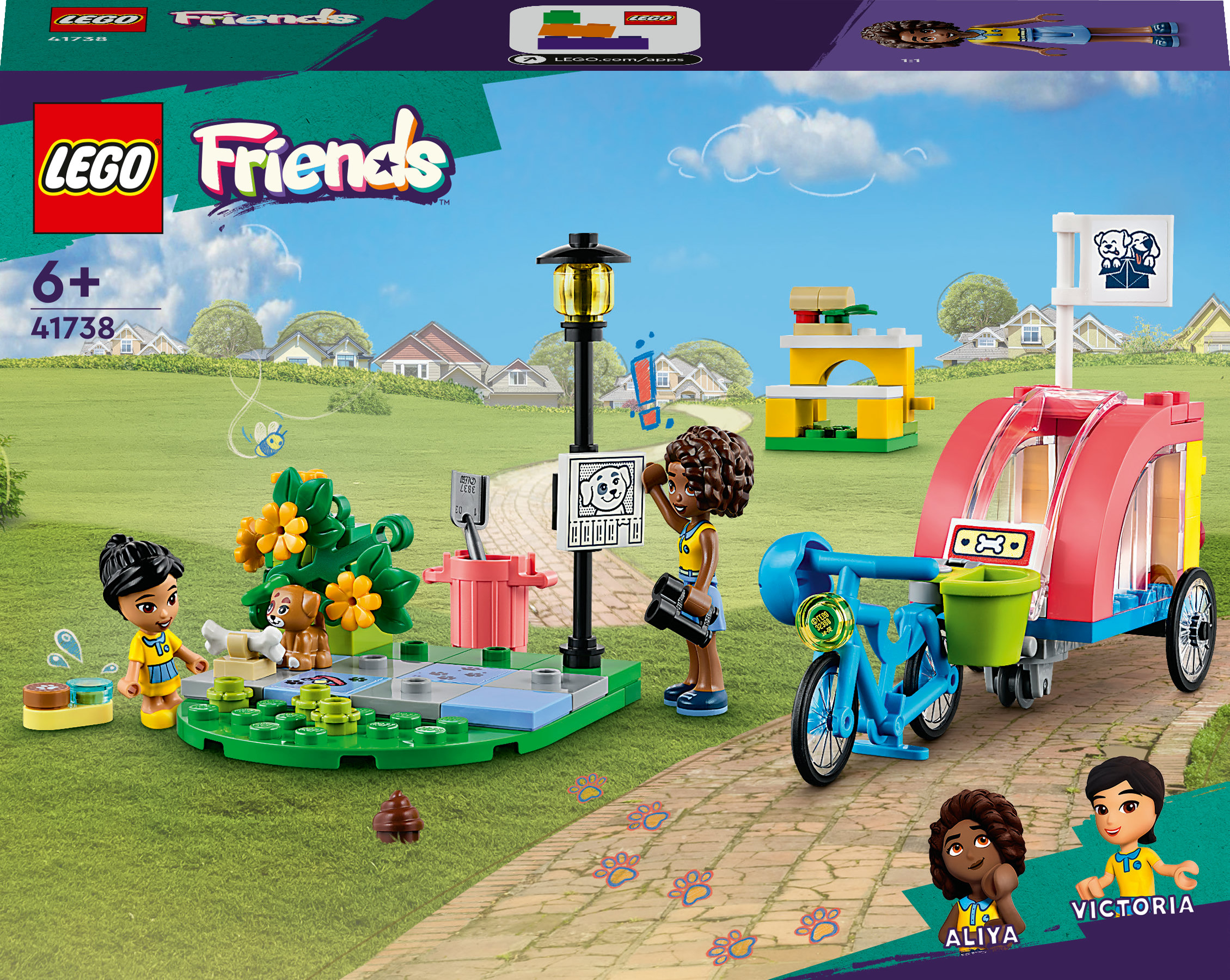 Lego Friends seti, figürler, köpek, sepetli bisiklet ve köpek atık bertarafı olan park sahnesi.