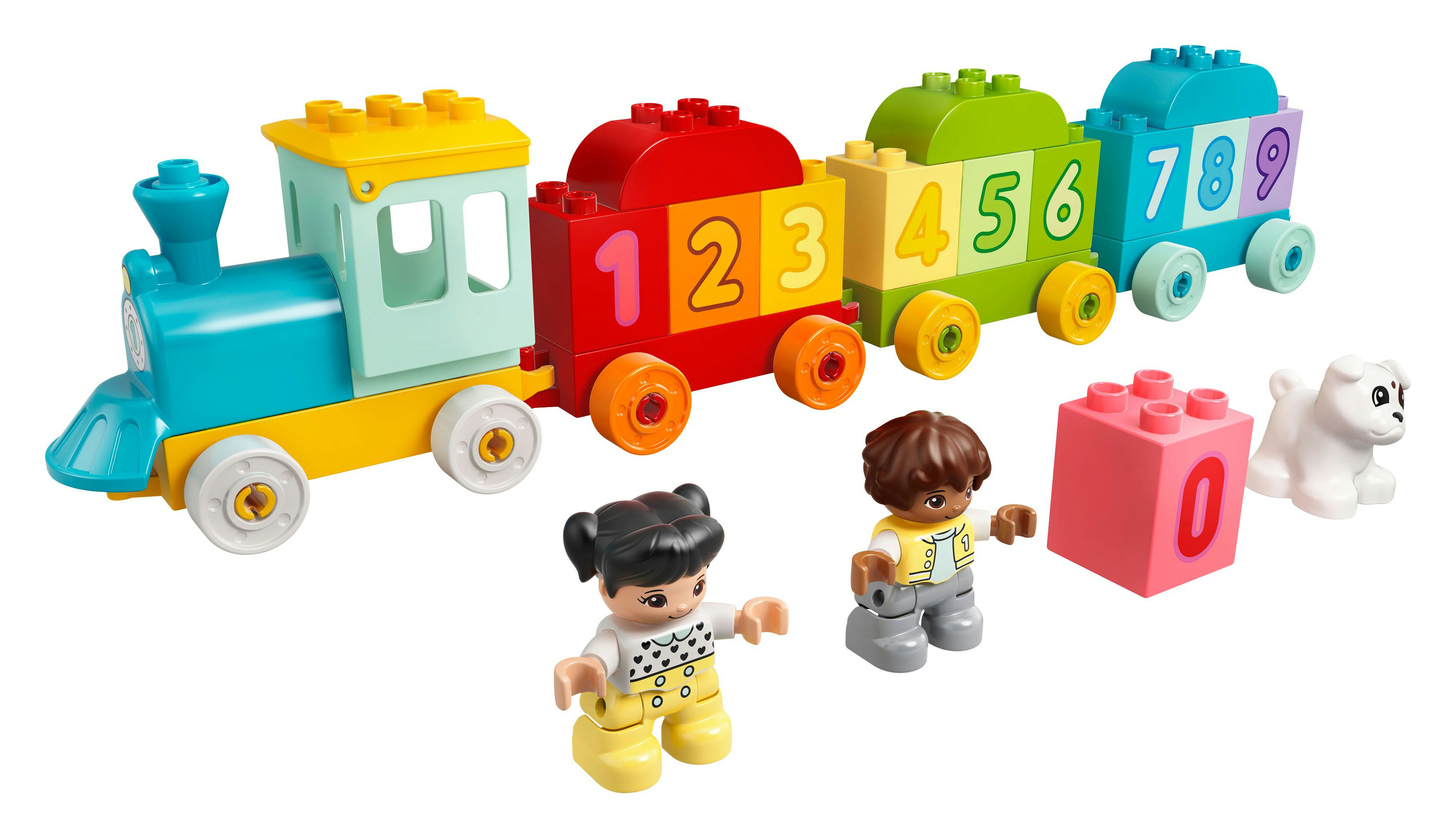 Pociąg LEGO Duplo z ponumerowanymi wagonami, dwiema figurkami, klockiem z numerem 0 i niedźwiedziem polarnym.