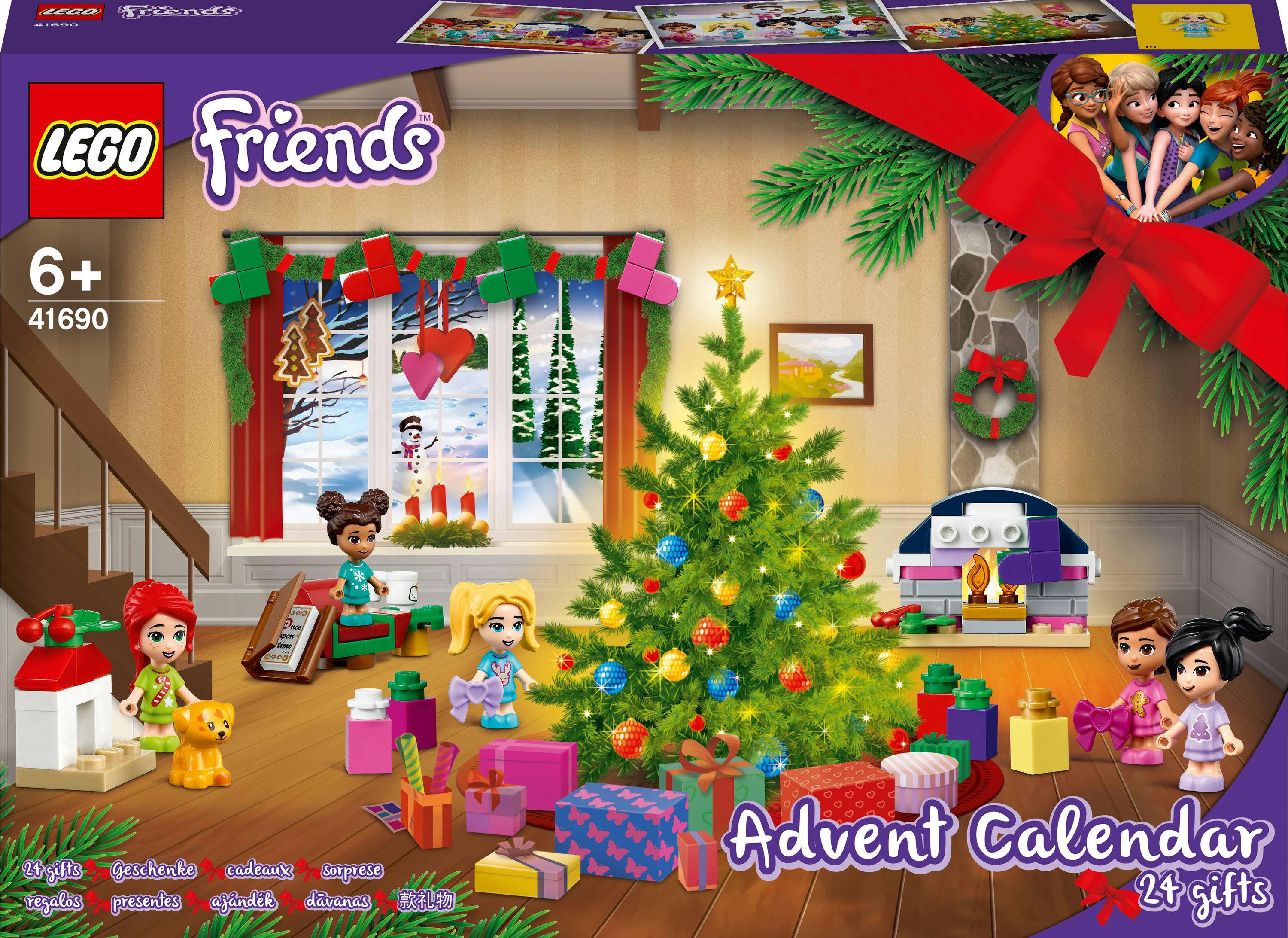 Lego Friends Advent Calendar box with a Christmas scene, featuring a tree and presents.
