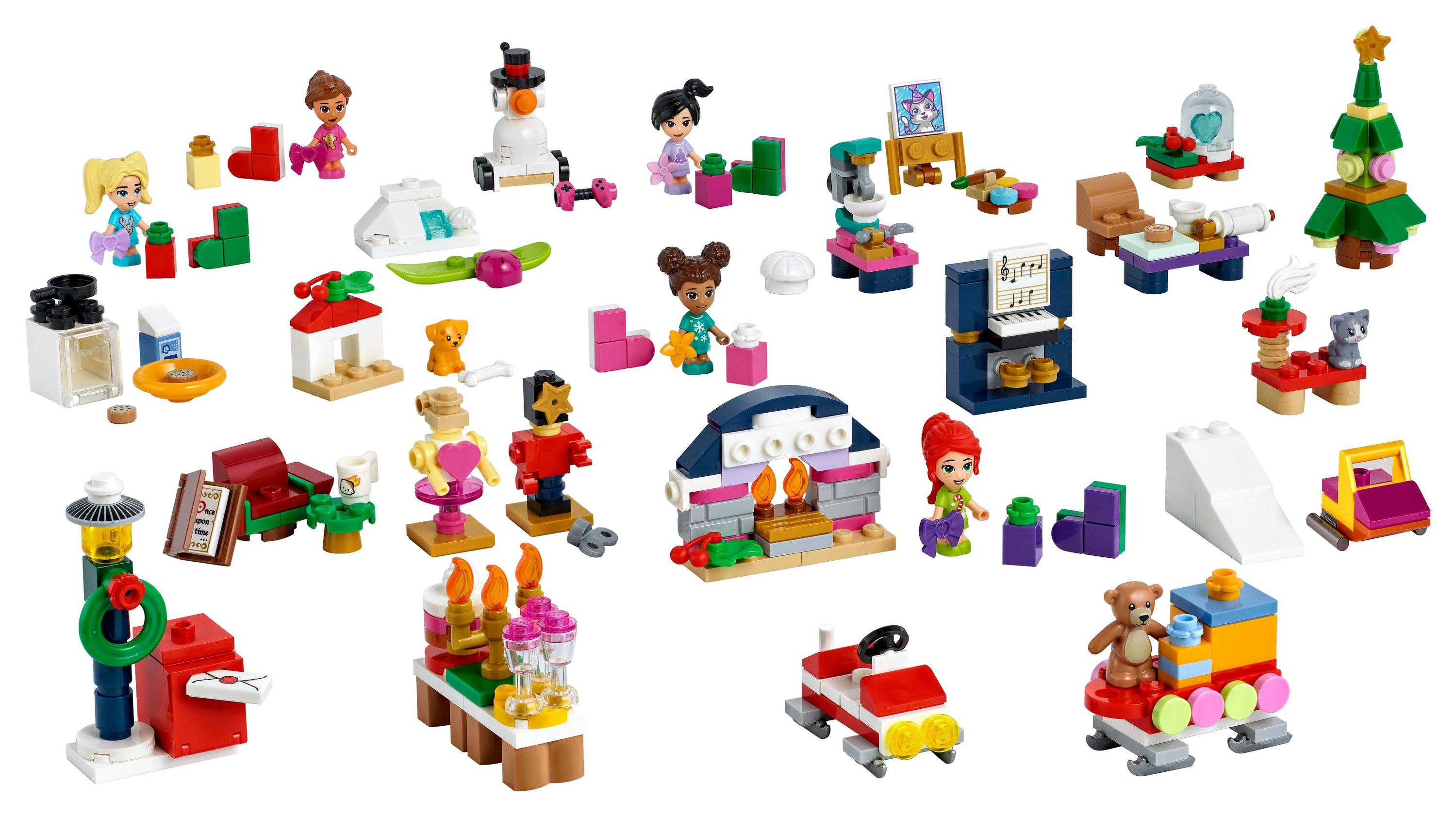 Lego set with mini figures, Christmas-themed builds, including a train, snowman, and a fireplace.